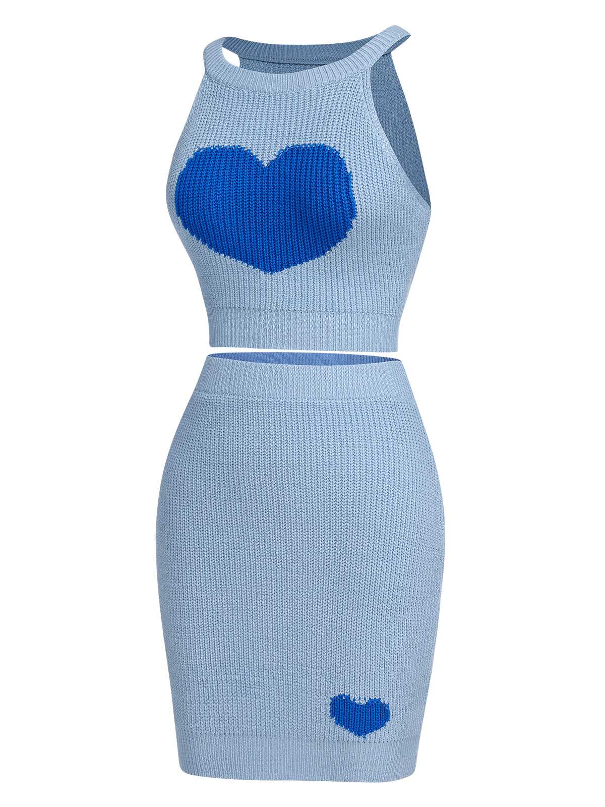 2PCS Blue 1960s Knitted Heart Cropped Top & Skirt - Image 3