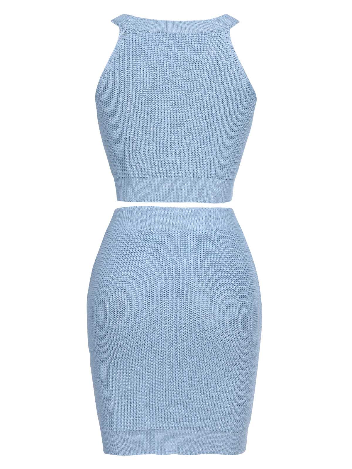 2PCS Blue 1960s Knitted Heart Cropped Top & Skirt - Image 4
