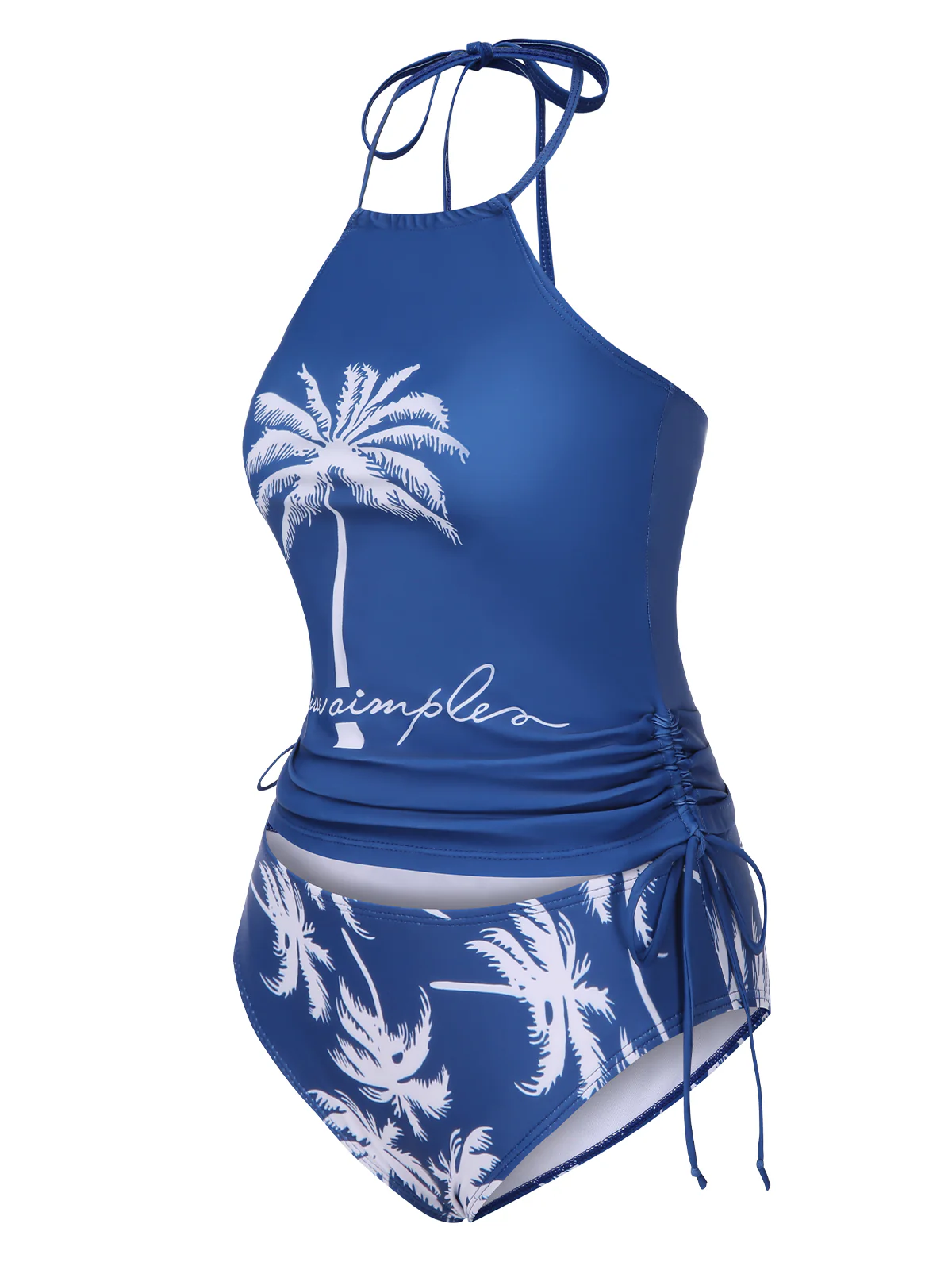 2PCS Blue 1960s Knot Tropical Print Halter Swimsuit - Image 2