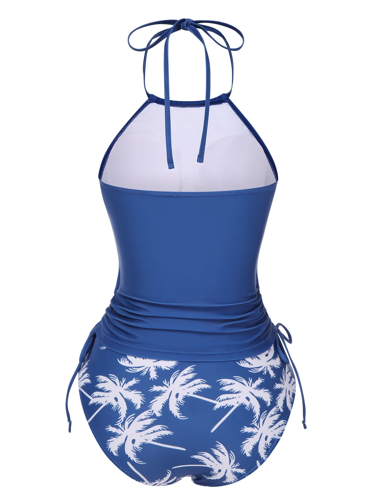 2PCS Blue 1960s Knot Tropical Print Halter Swimsuit - Image 3