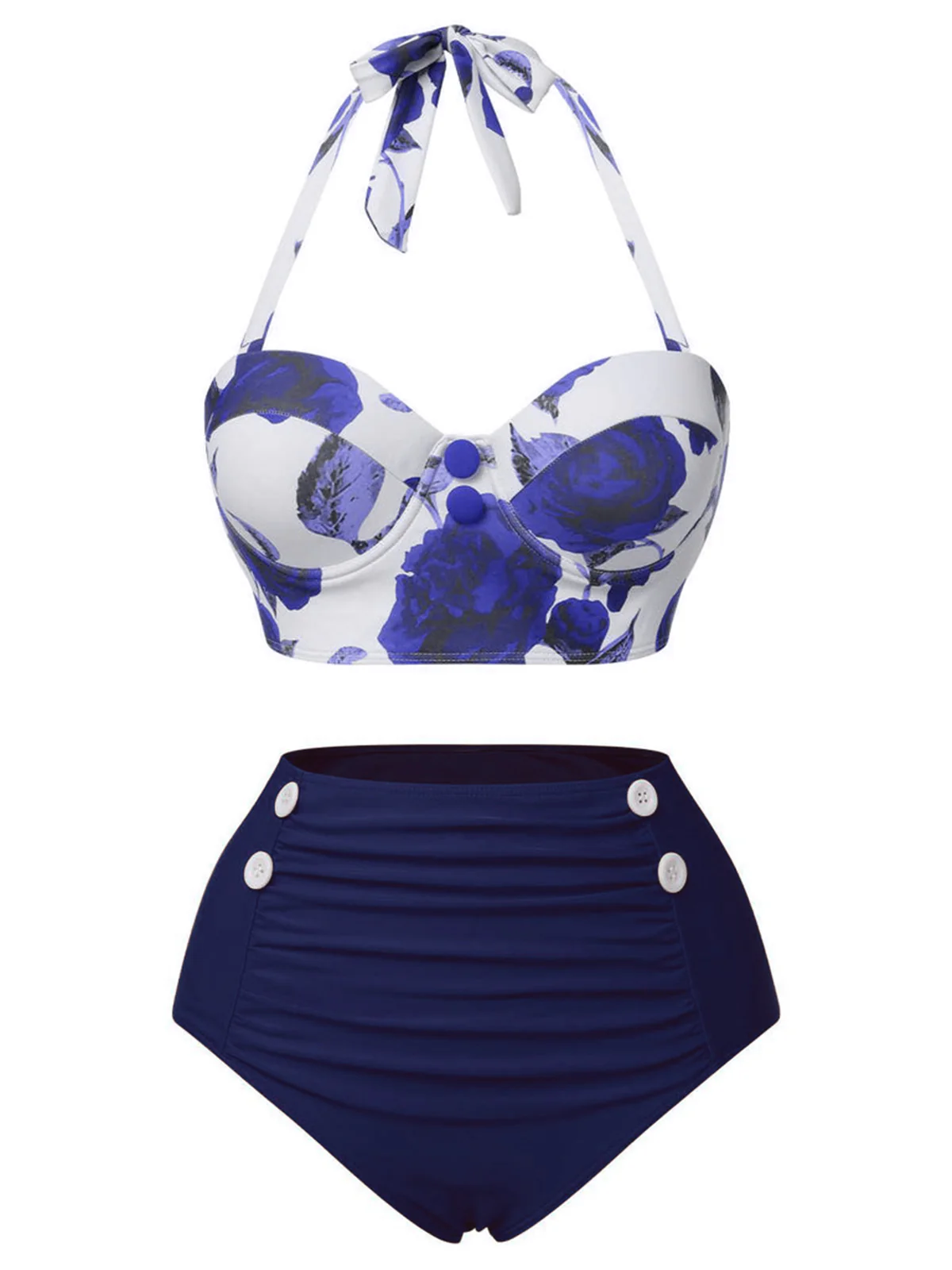 2PCS Blue 1960s Roses Halter Swimsuit & Skirt Cover-Up - Image 3