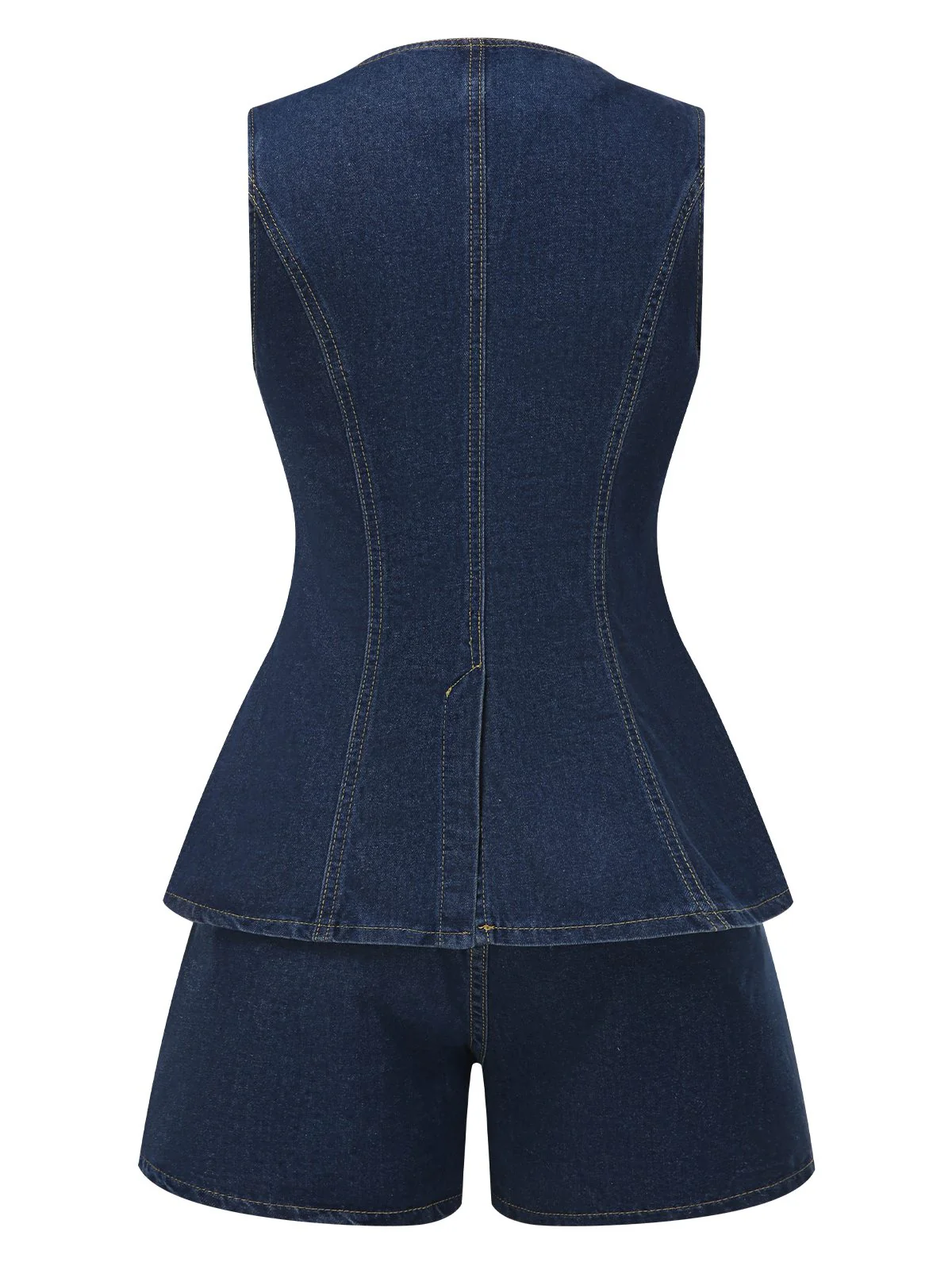 2PCS Blue 1960s Solid Buttoned Denim Vest & Shorts - Image 3