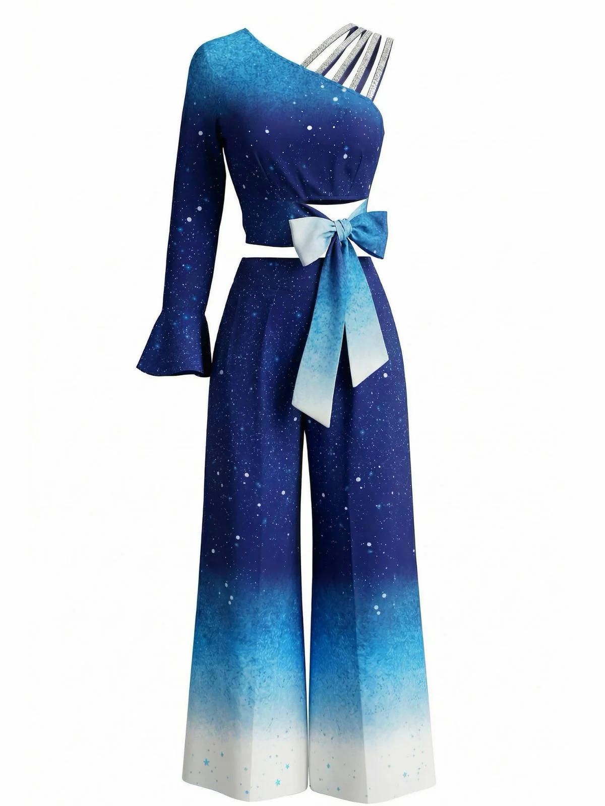 2PCS Blue 1970s Gradient Glitter Top & Pants Set - Image 2