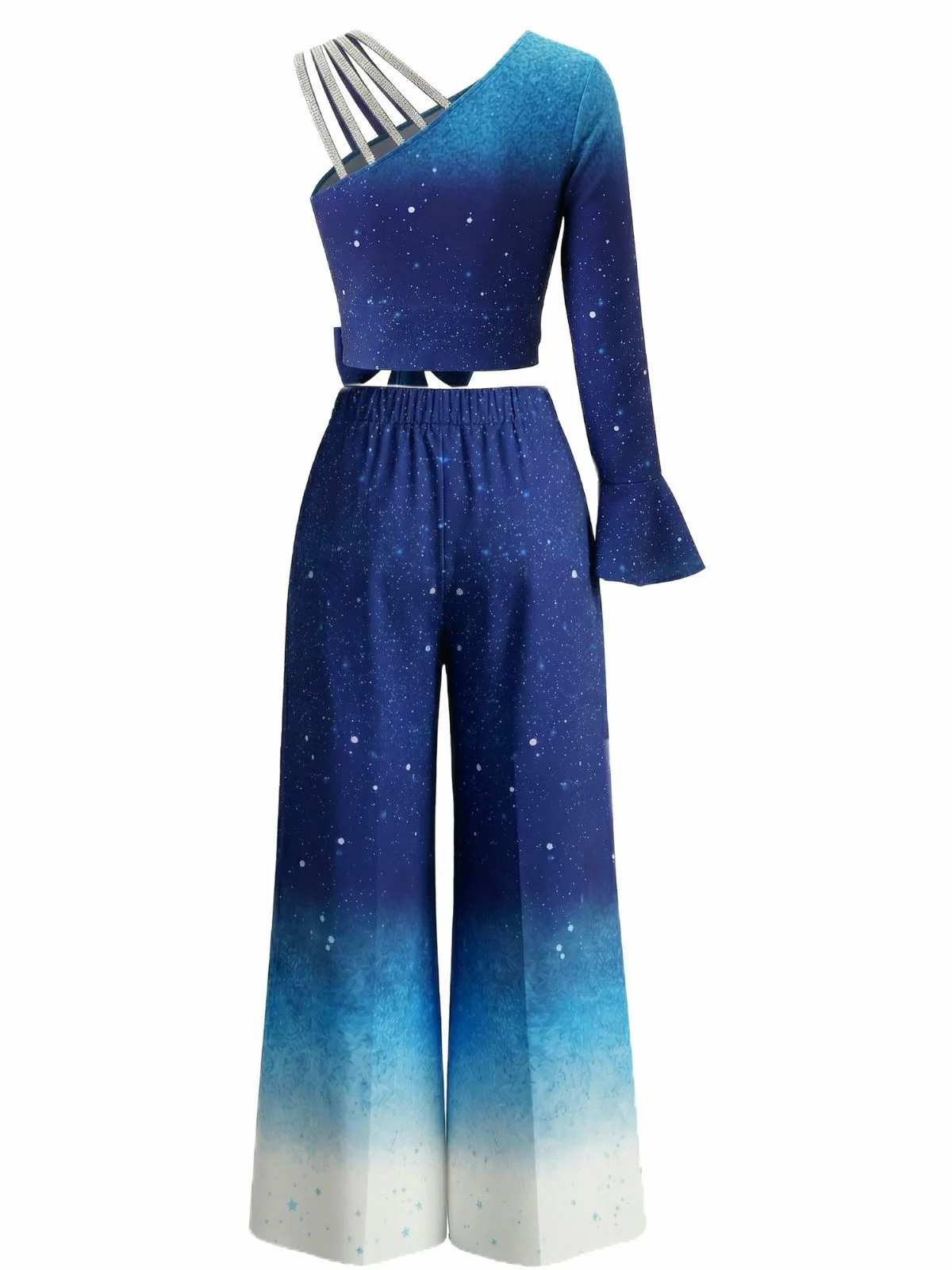 2PCS Blue 1970s Gradient Glitter Top & Pants Set - Image 3