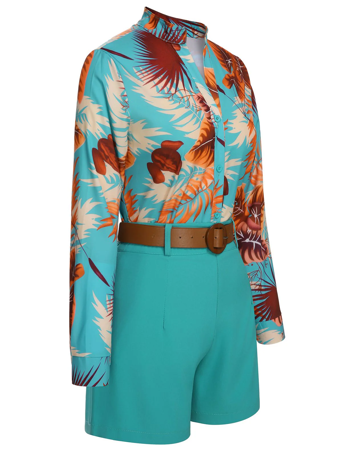 2PCS Blue 1970s Tropical Blouse & Shorts With Belt - Image 3