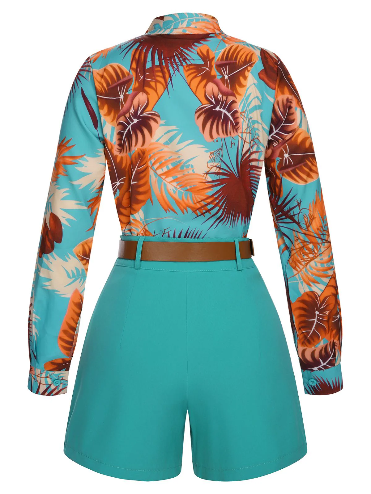 2PCS Blue 1970s Tropical Blouse & Shorts With Belt - Image 4