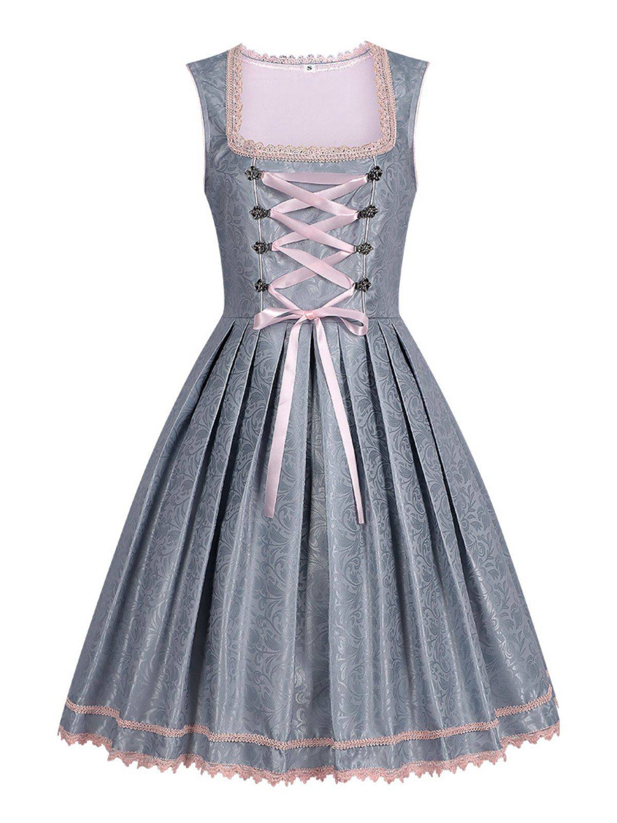 2PCS Blue Grey 1950s Floral Dress & Mesh Embroidered Apron - Image 2