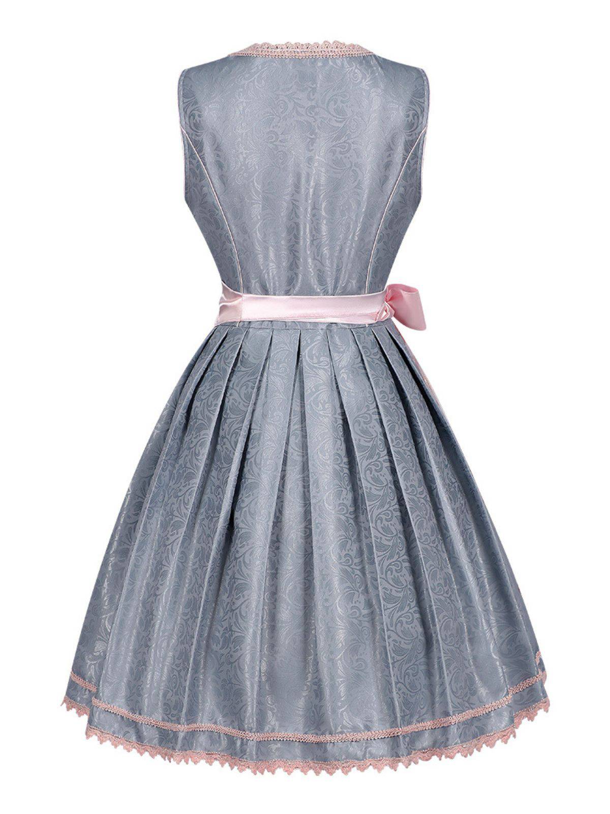 2PCS Blue Grey 1950s Floral Dress & Mesh Embroidered Apron - Image 3