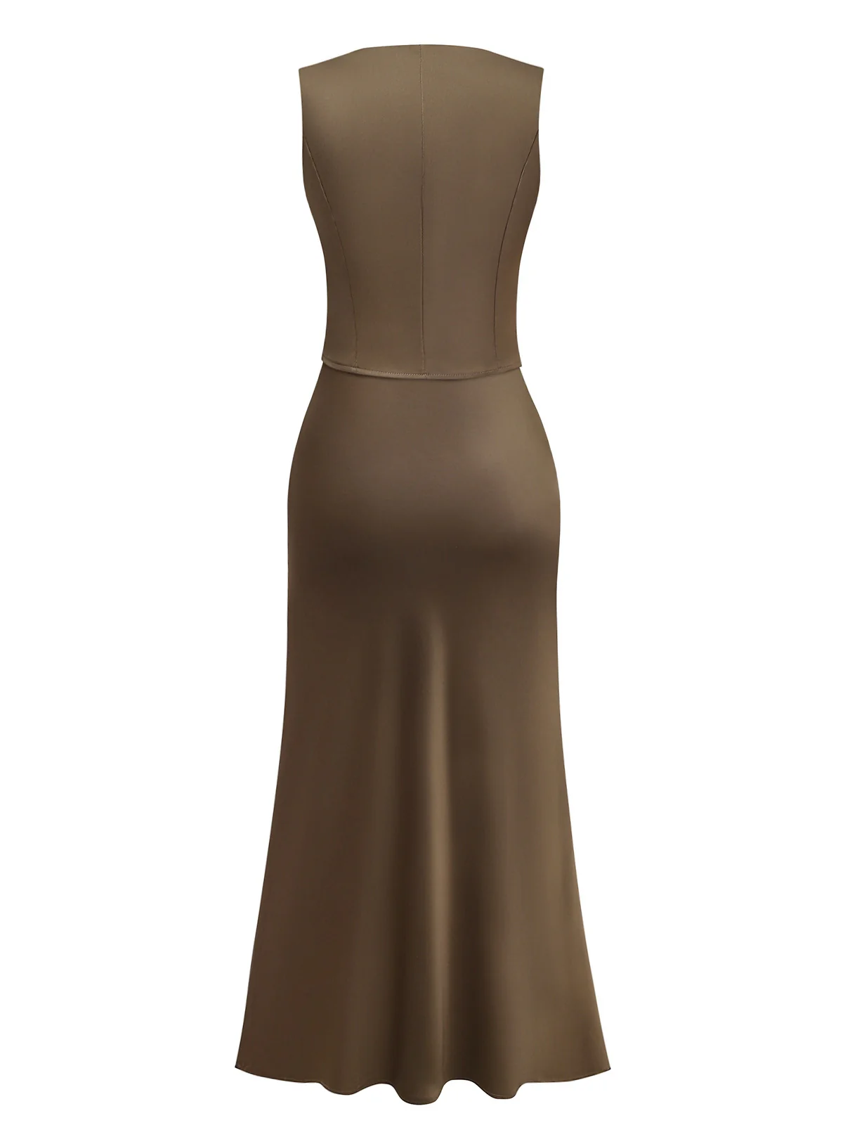 2PCS Brown 1930s Solid Satin Sleeveless V-Neck Vest & Fishtail Skirt - Image 2