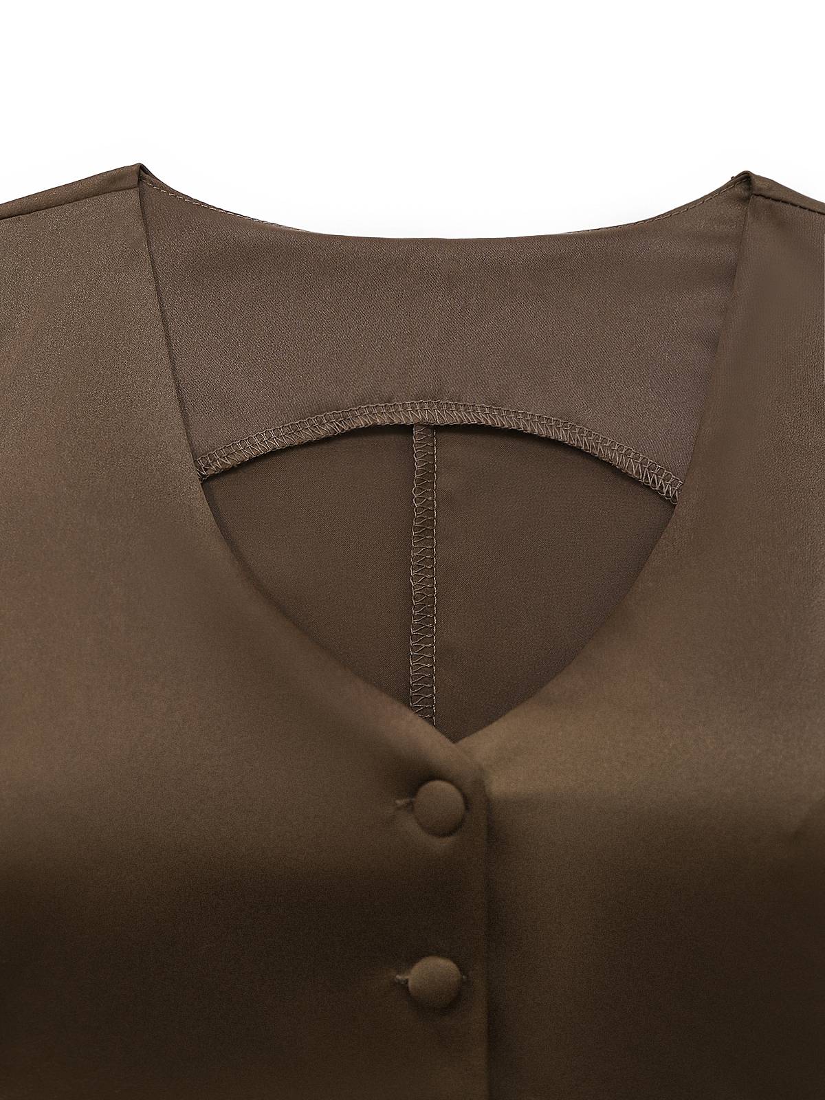 2PCS Brown 1930s Solid Satin Sleeveless V-Neck Vest & Fishtail Skirt - Image 3