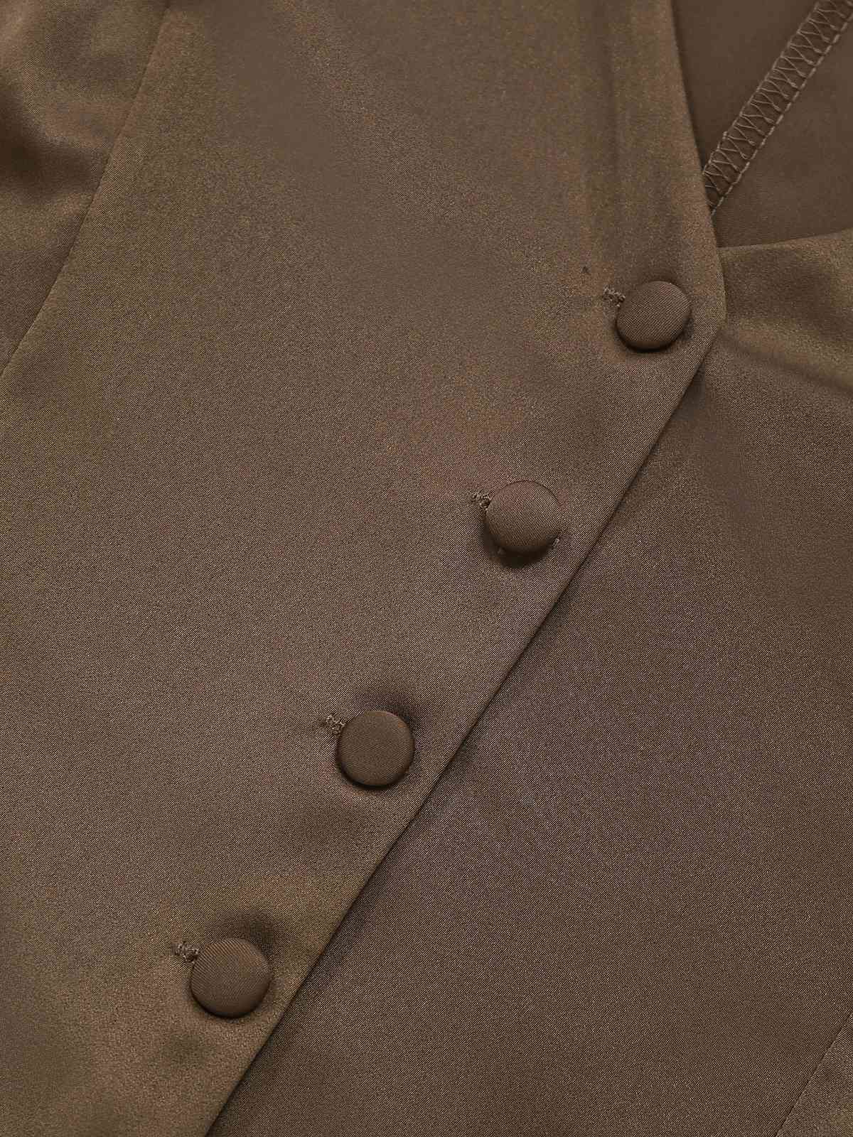 2PCS Brown 1930s Solid Satin Sleeveless V-Neck Vest & Fishtail Skirt - Image 4