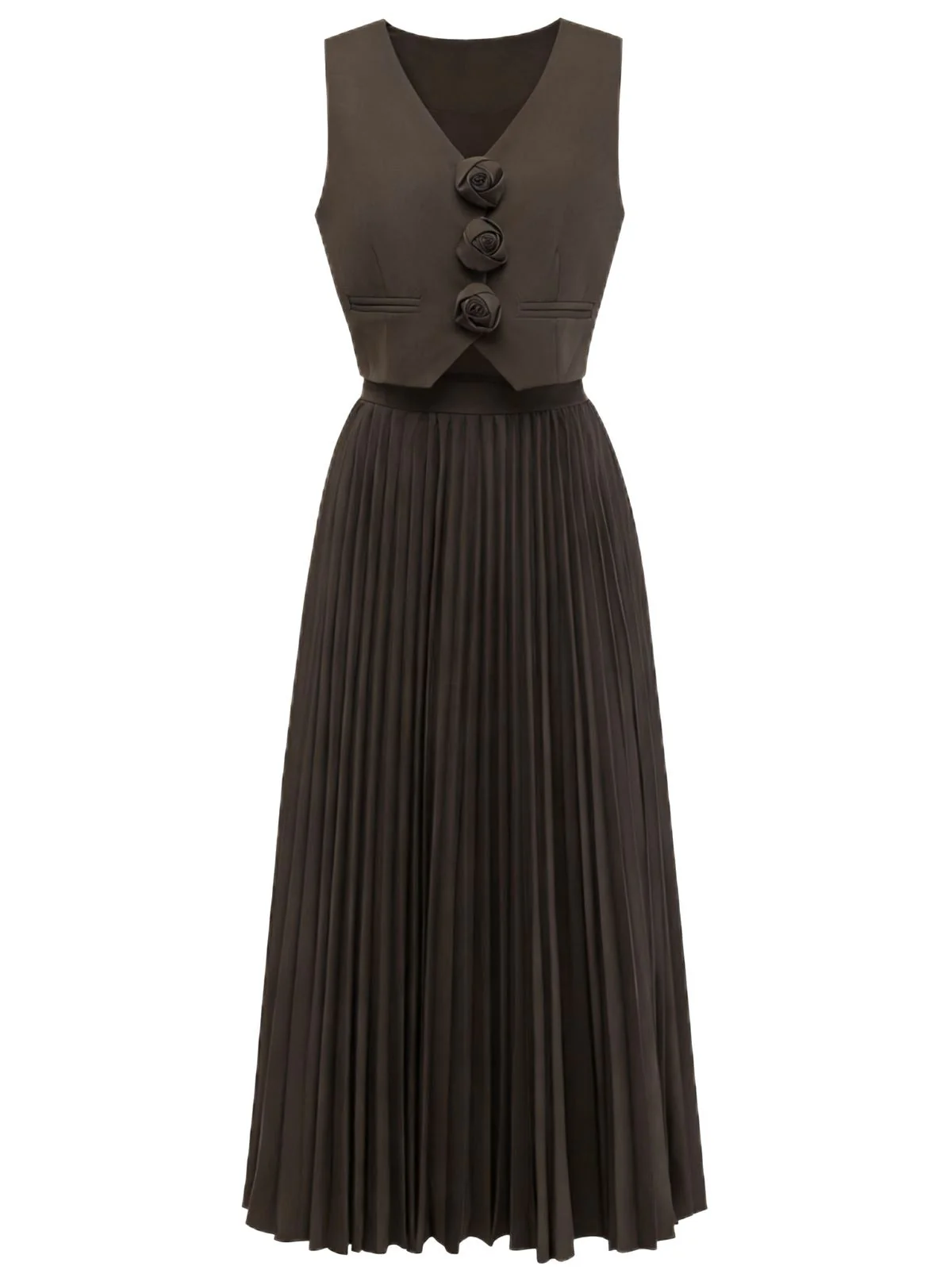 2PCS Brown 1940s Sleeveless Vest & Pleated Midi Skirt - Image 2