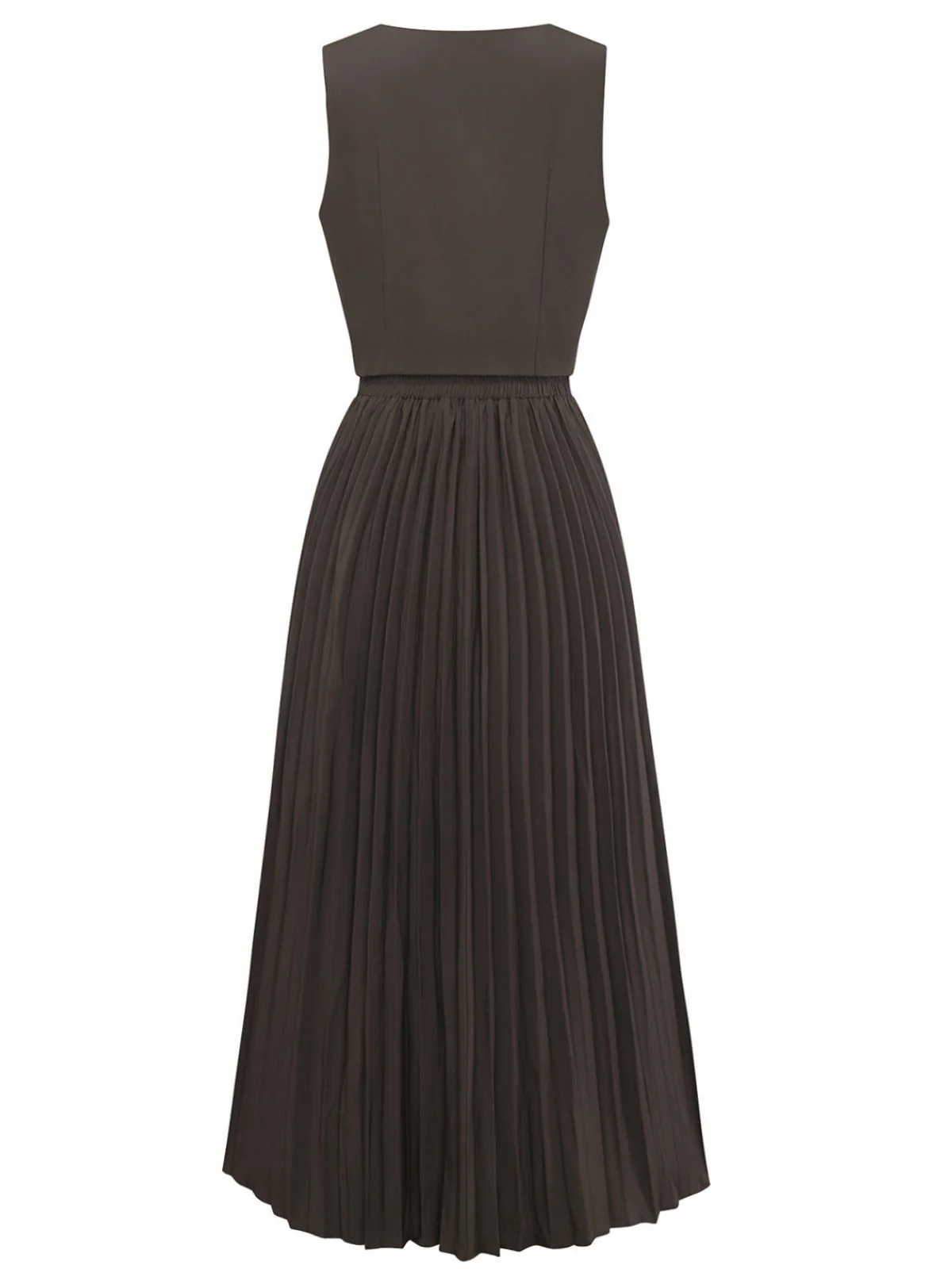 2PCS Brown 1940s Sleeveless Vest & Pleated Midi Skirt - Image 3