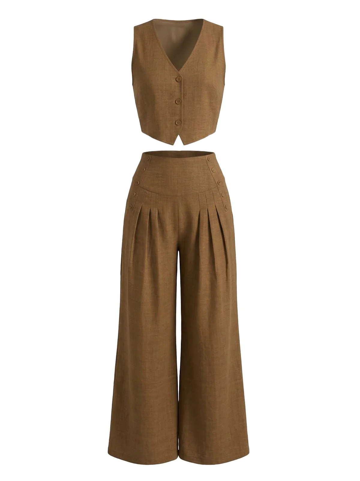 2PCS Brown 1940s V-Neck Vest & Wide Leg Pants - Image 2