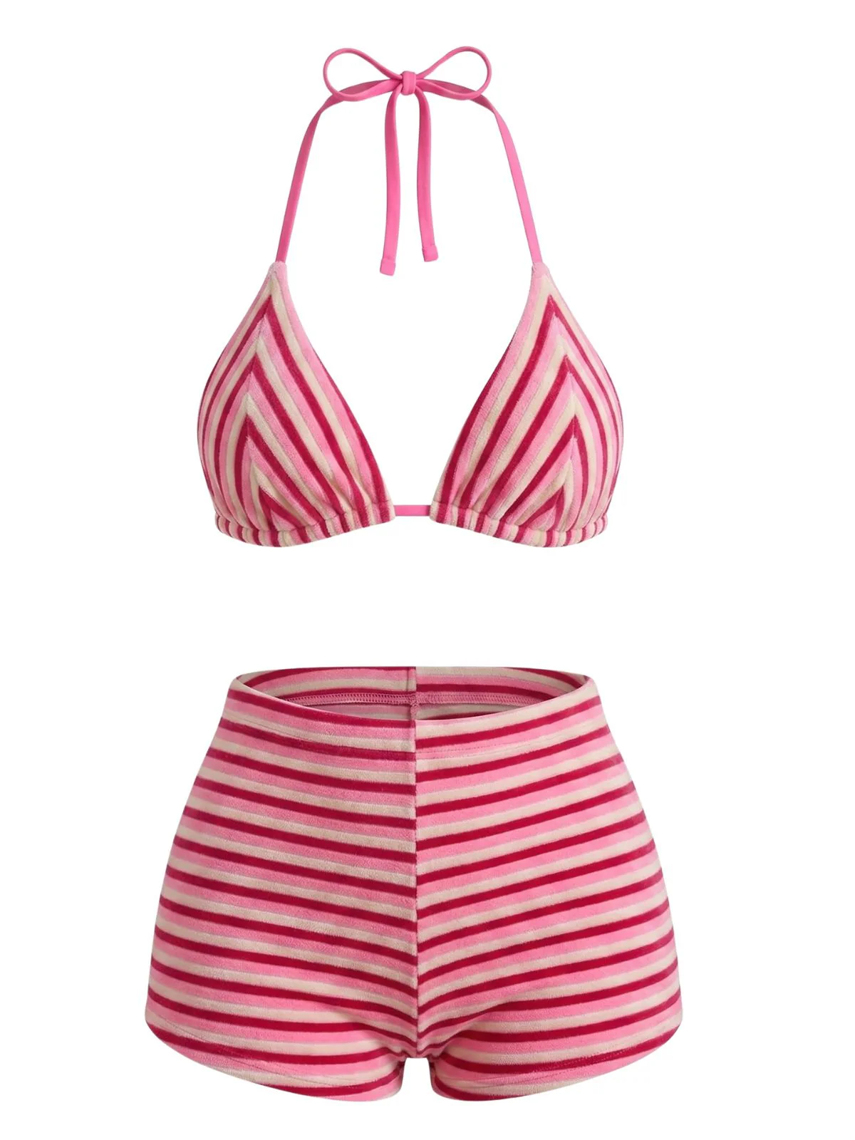 2PCS Brown 1950s Striped Terry Halter Bikini & Shorts - Image 10