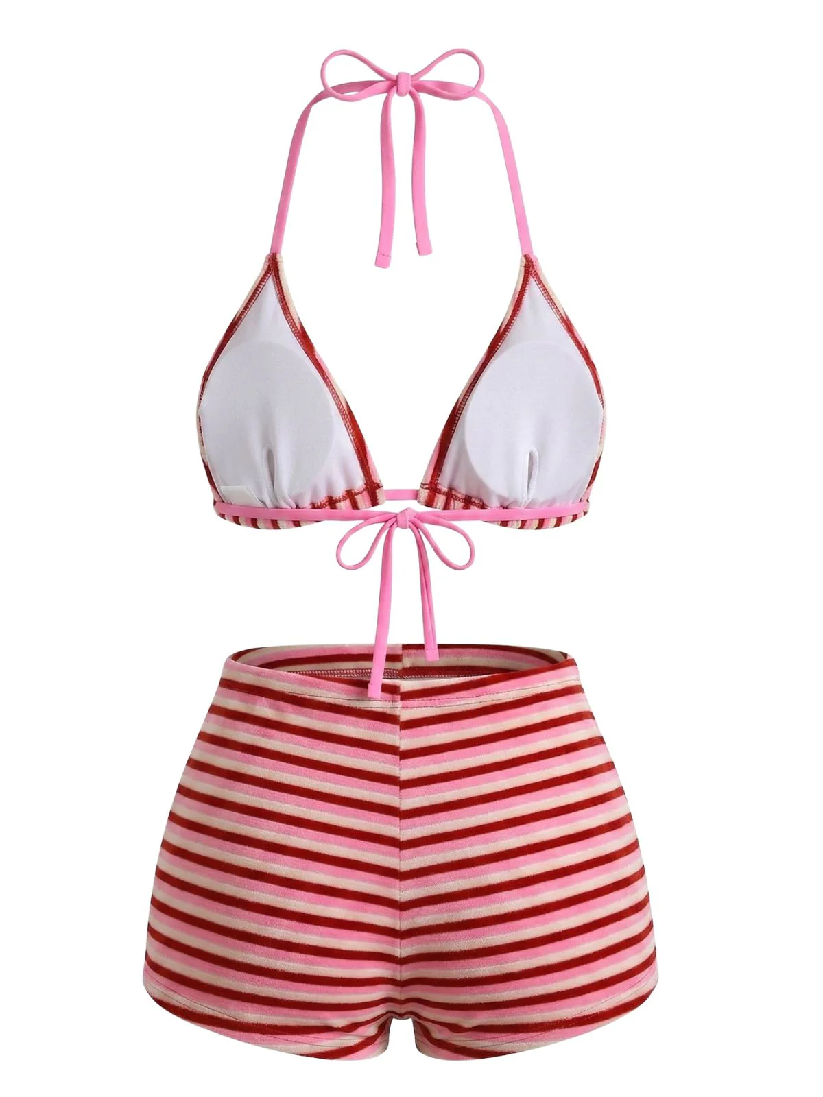 2PCS Brown 1950s Striped Terry Halter Bikini & Shorts - Image 11