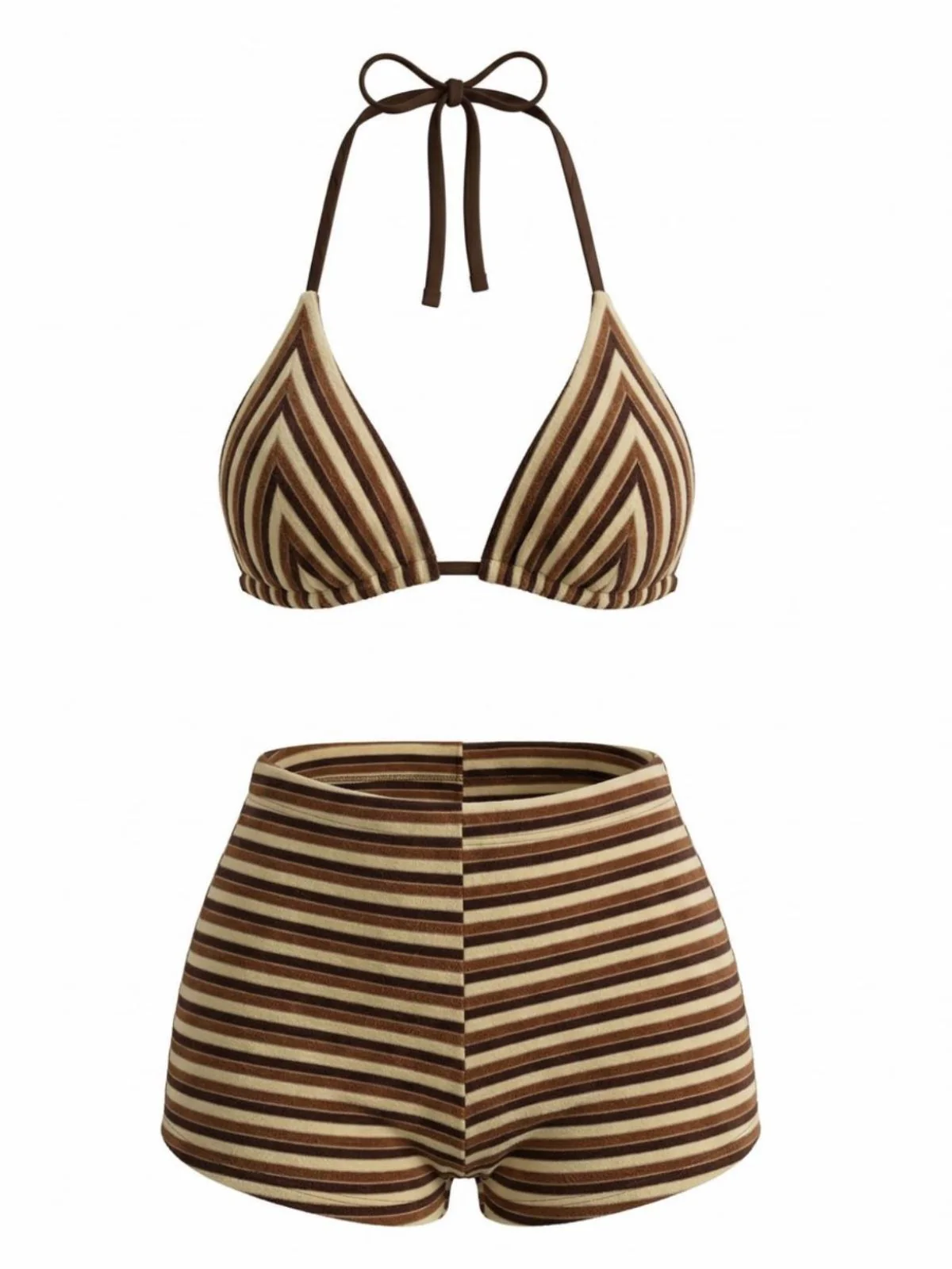 2PCS Brown 1950s Striped Terry Halter Bikini & Shorts - Image 2