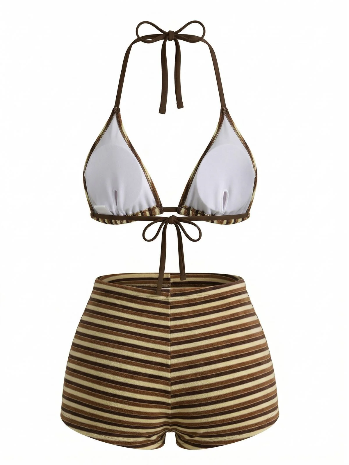 2PCS Brown 1950s Striped Terry Halter Bikini & Shorts - Image 3