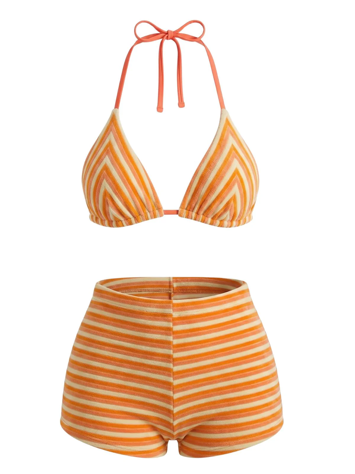 2PCS Brown 1950s Striped Terry Halter Bikini & Shorts - Image 6