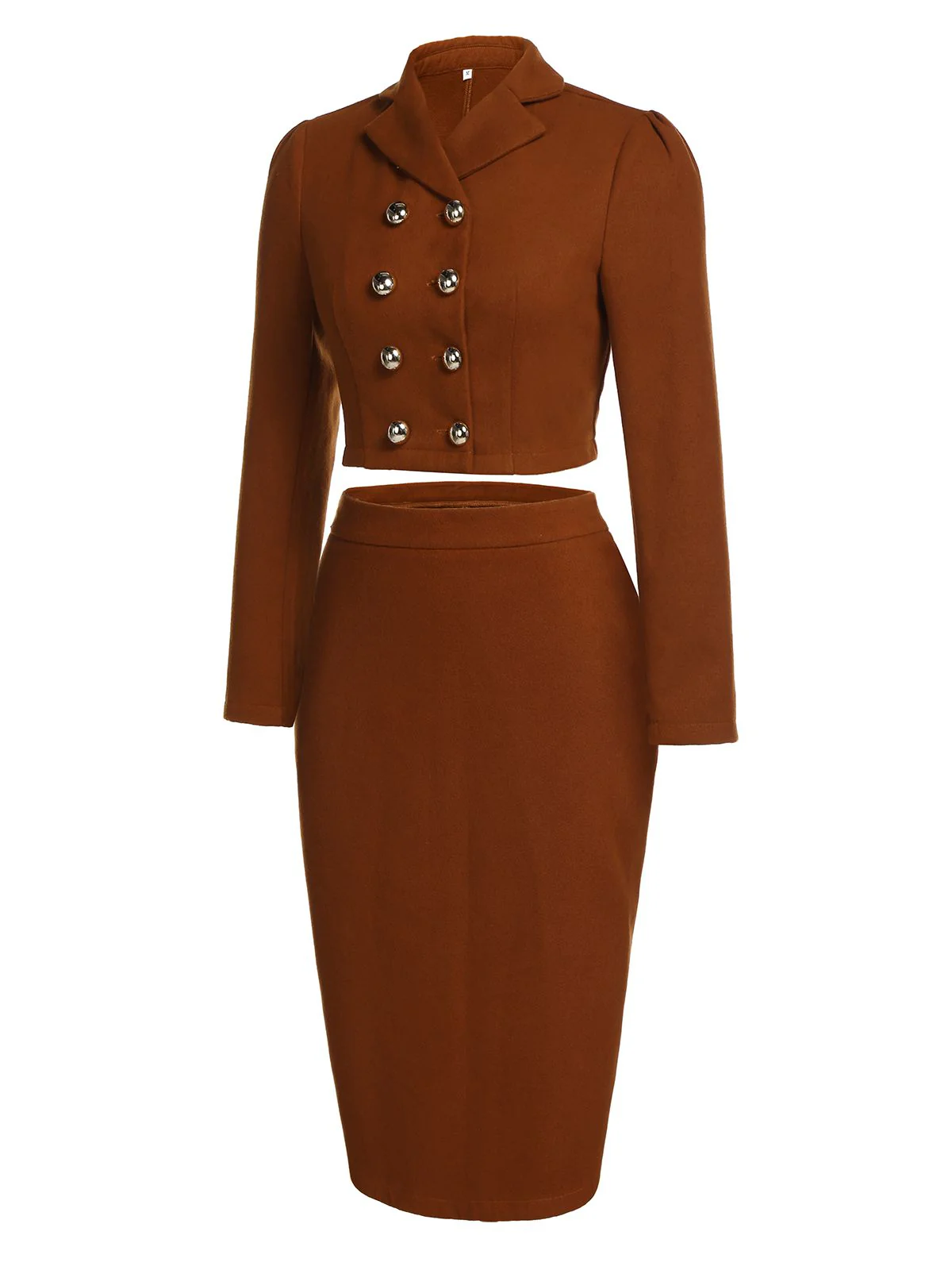 2PCS Brown 1960s Button Top & Pencil Skirt - Image 3