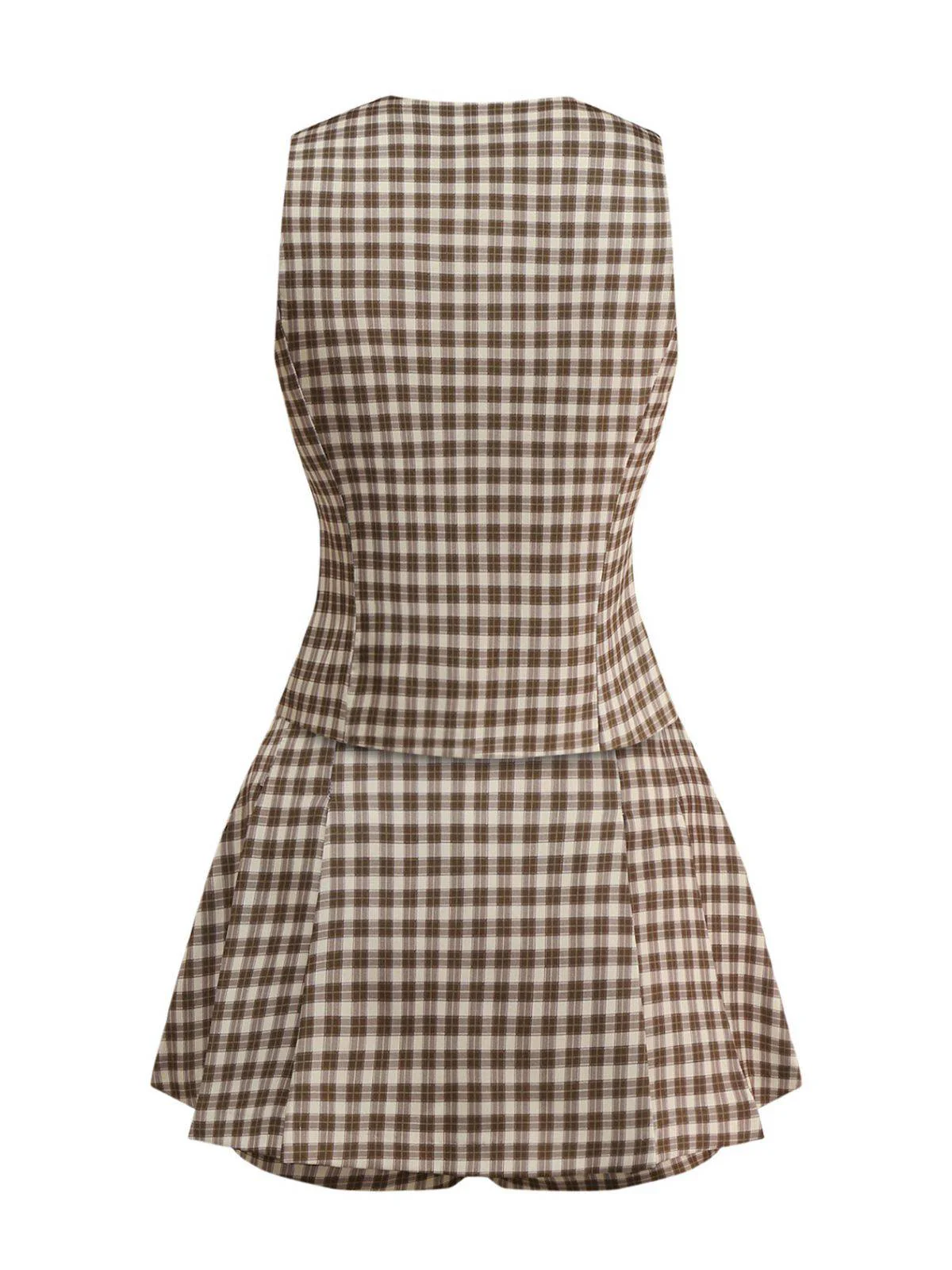 2PCS Brown 1960s Gingham Plaid Pleated Vest & Skirt - Image 2