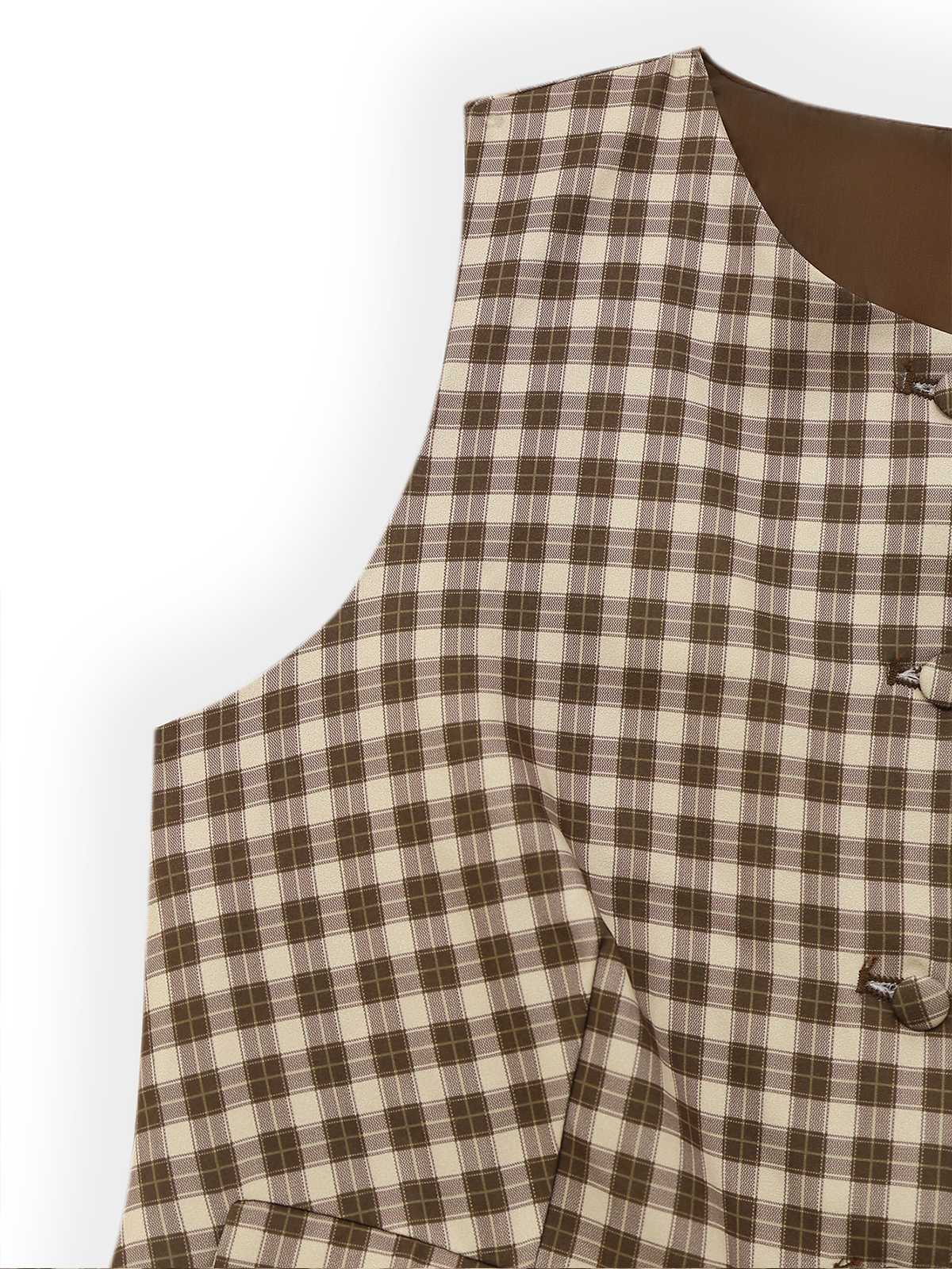 2PCS Brown 1960s Gingham Plaid Pleated Vest & Skirt - Image 6