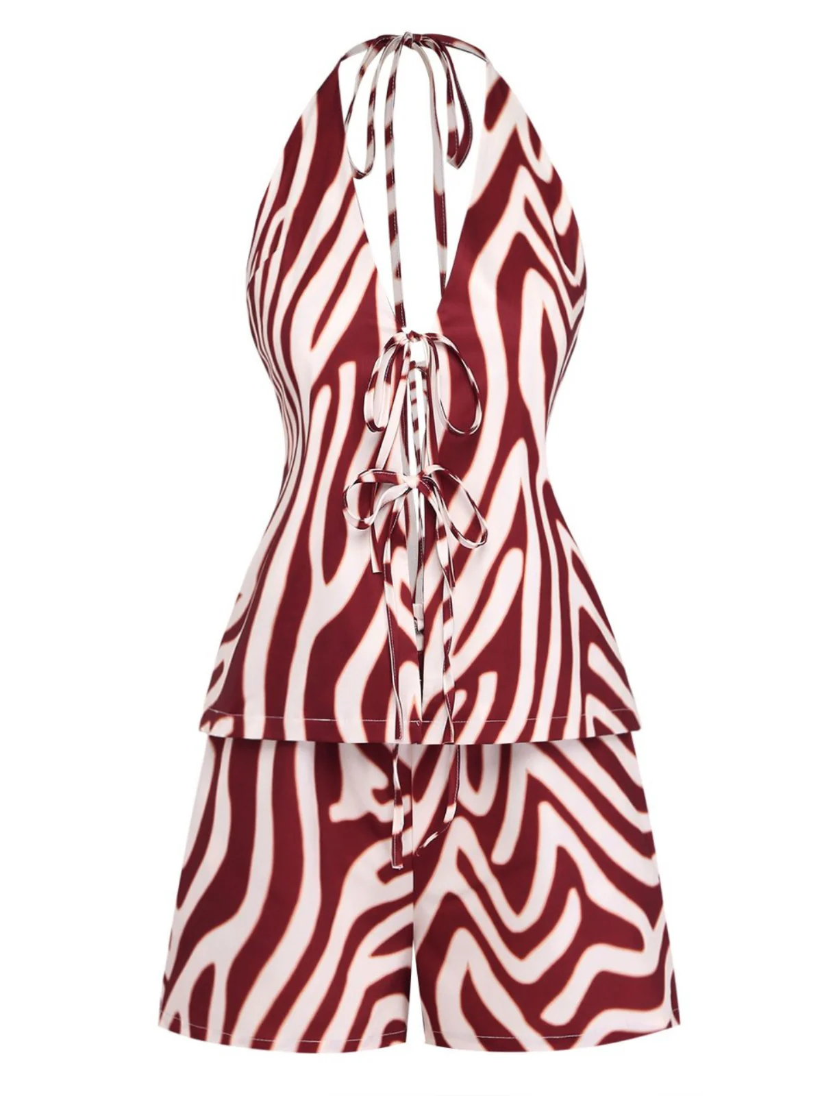 2PCS Brown 1970s Halter Deep V Striped Top & Shorts - Image 2