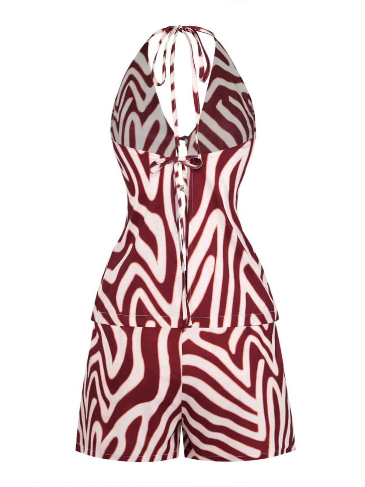 2PCS Brown 1970s Halter Deep V Striped Top & Shorts - Image 3