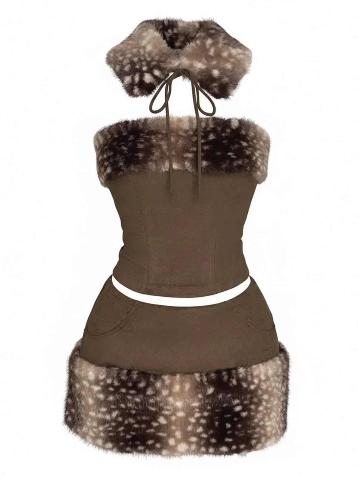 2PCS Brown 1980s Deer Faux Fur-Trimmed Crop Top & Skirt - Image 3