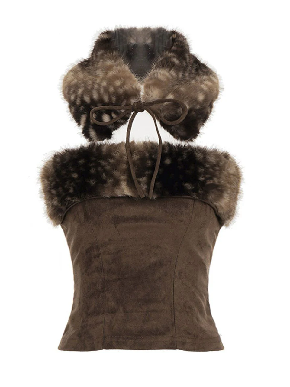 Brown 1980s Deer Faux Fur-Trimmed Crop Top - Image 2
