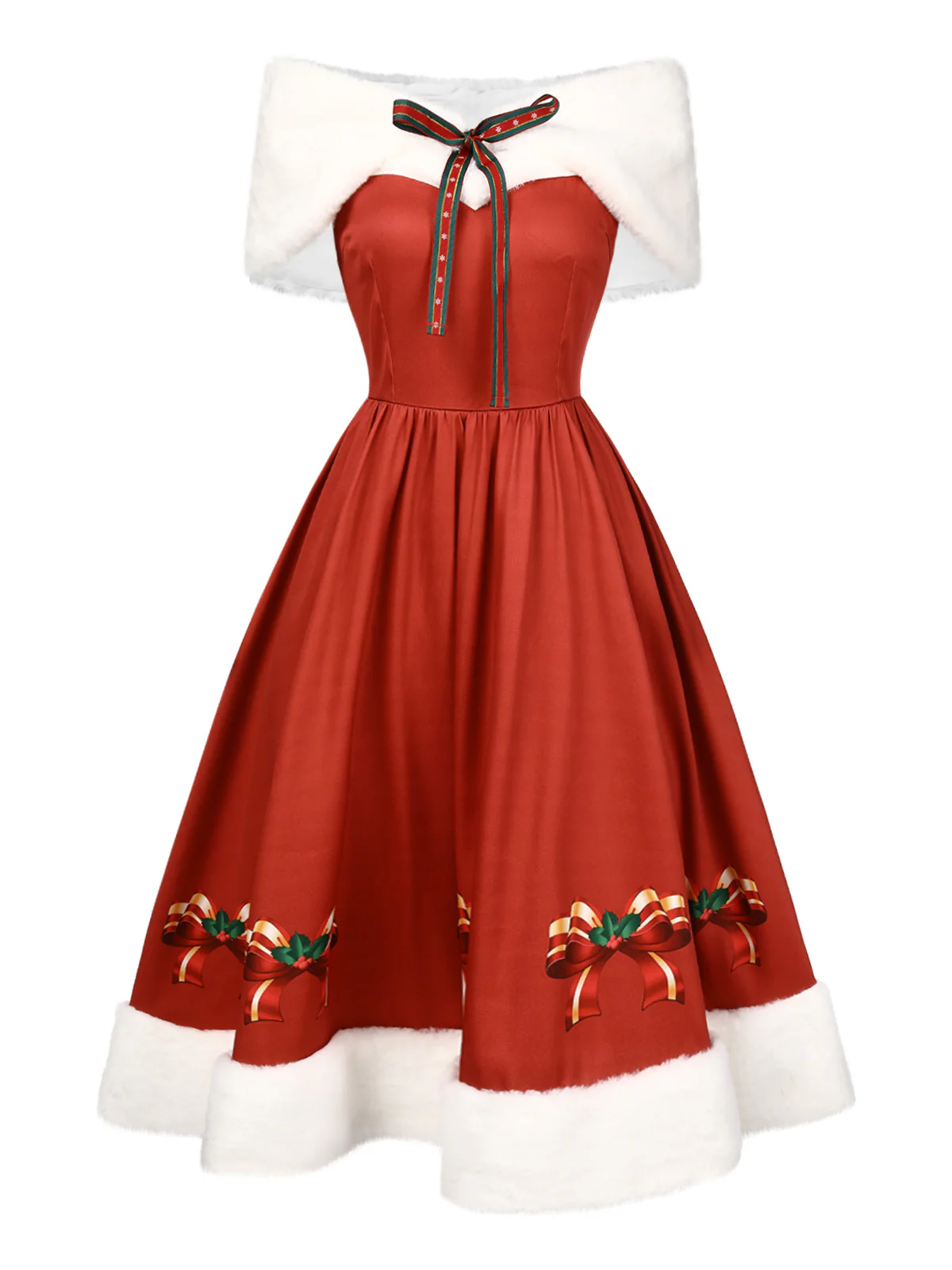 2PCS Christmas 1950s Strapless Bow Fur Dress & Shawl - Image 2