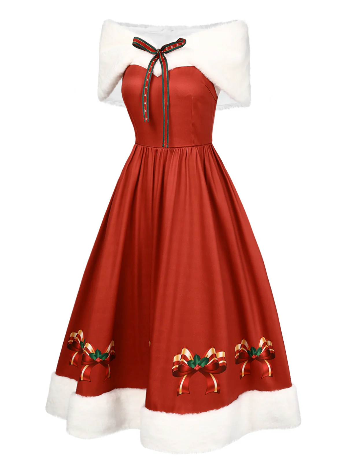 2PCS Christmas 1950s Strapless Bow Fur Dress & Shawl - Image 3