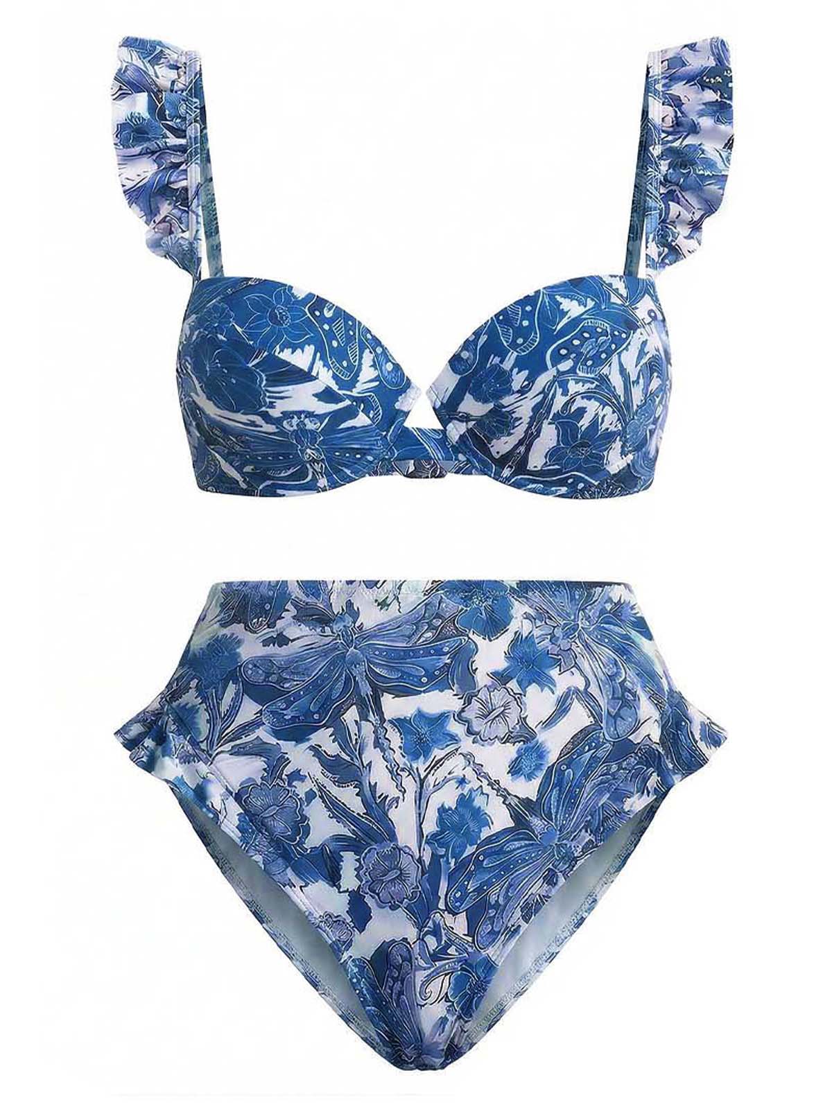 [Pre-Sale] 2PCS Dark Blue 1960s Dragonfly Print Bikini Set & Cover-Up - Image 2