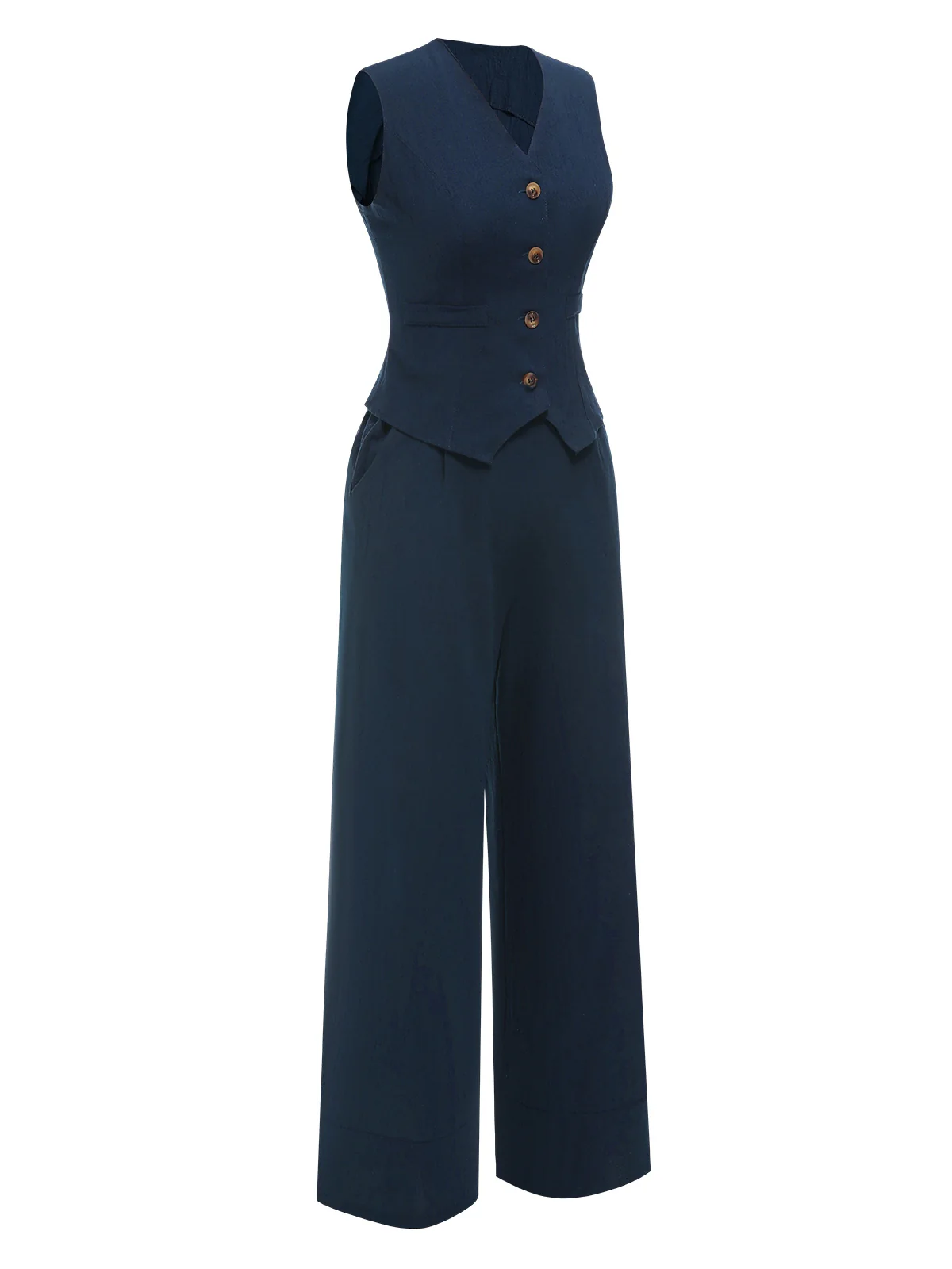 2PCS Dark Blue 1960s Solid Sleeveless Blazer Suit - Image 2
