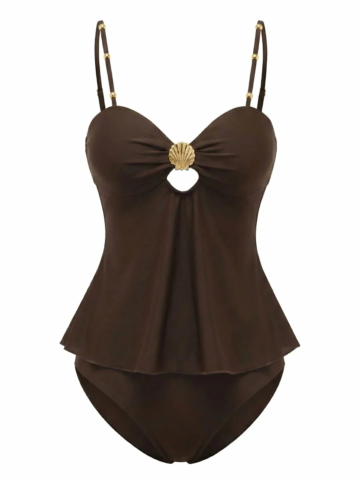2PCS Dark Brown 1950s Solid Shell Tankini Set - Image 2