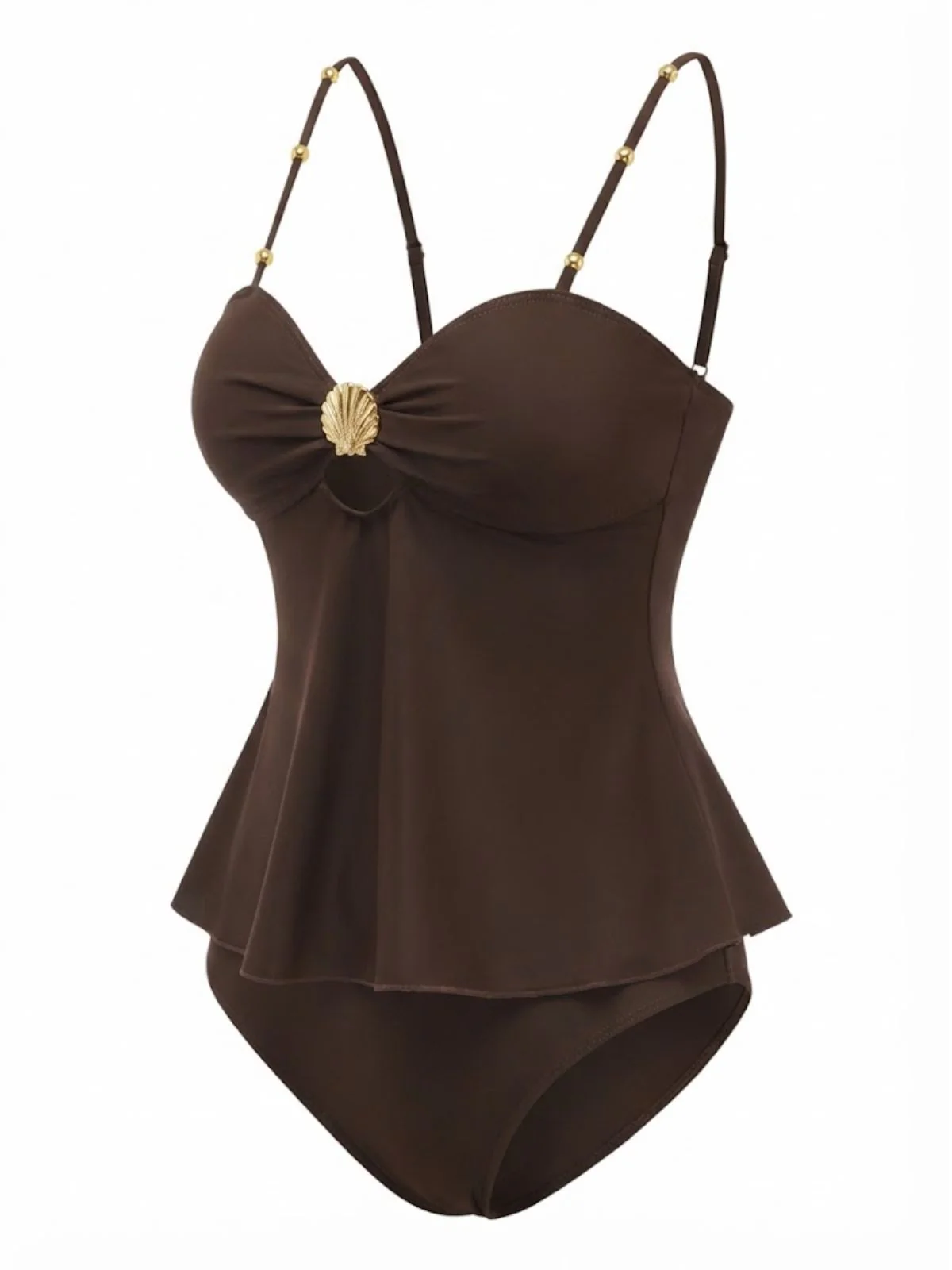 2PCS Dark Brown 1950s Solid Shell Tankini Set - Image 3