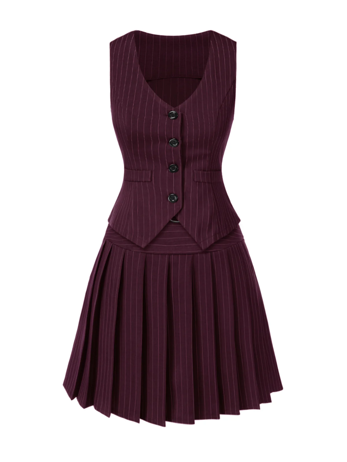 2PCS Dark Gray 1960s Pinstripes Top & Pleated Skirt - Image 14