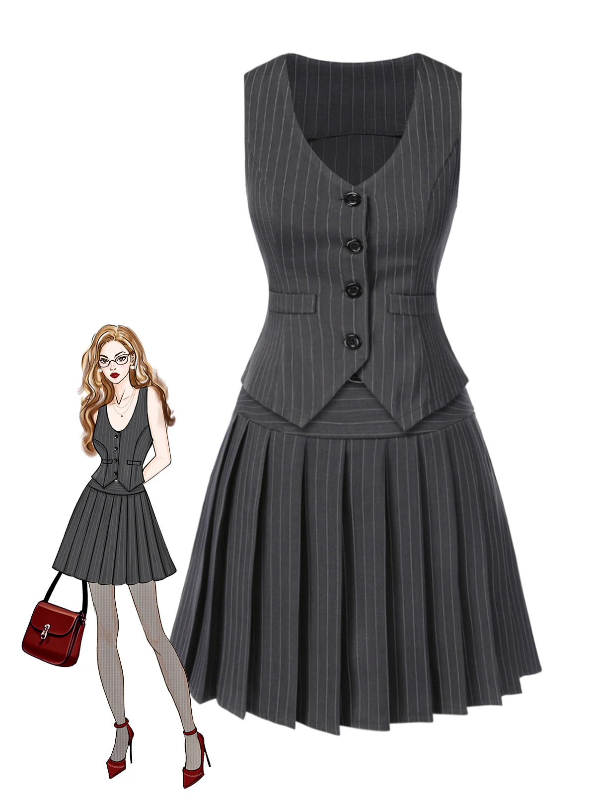 2PCS Dark Gray 1960s Pinstripes Top & Pleated Skirt - Image 2