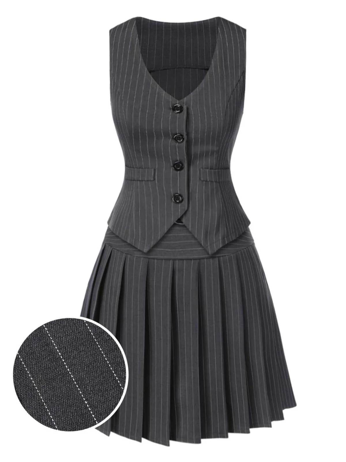 2PCS Dark Gray 1960s Pinstripes Top & Pleated Skirt - Image 3