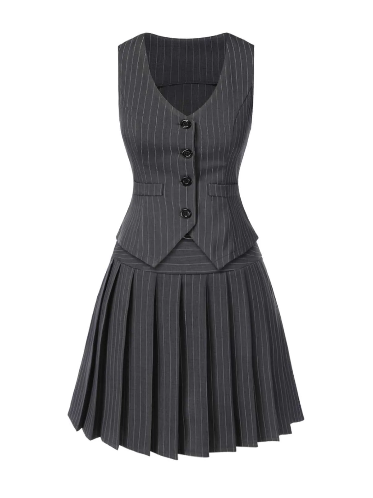 2PCS Dark Gray 1960s Pinstripes Top & Pleated Skirt - Image 4