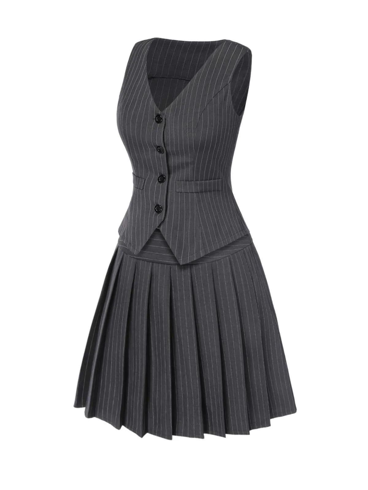 2PCS Dark Gray 1960s Pinstripes Top & Pleated Skirt - Image 5