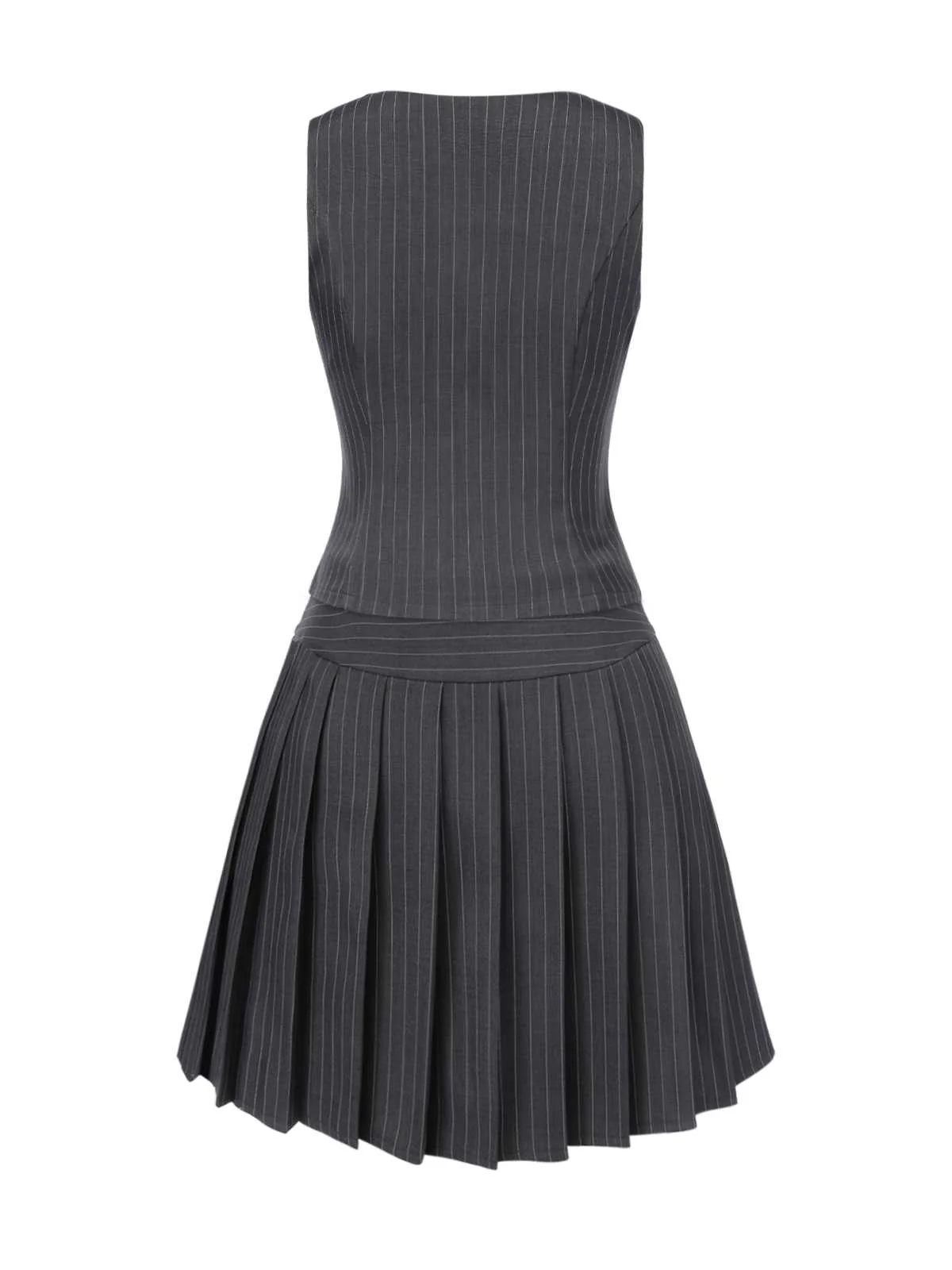 2PCS Dark Gray 1960s Pinstripes Top & Pleated Skirt - Image 6