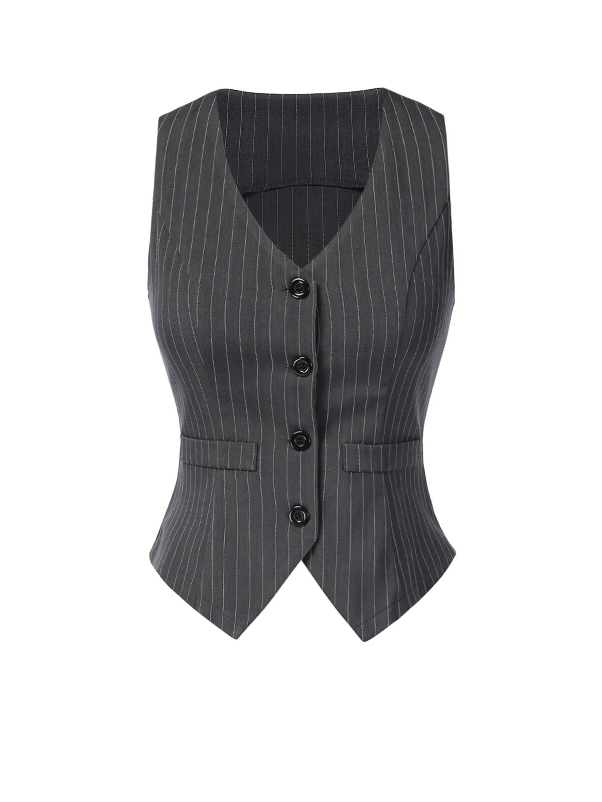 2PCS Dark Gray 1960s Pinstripes Top & Pleated Skirt - Image 7