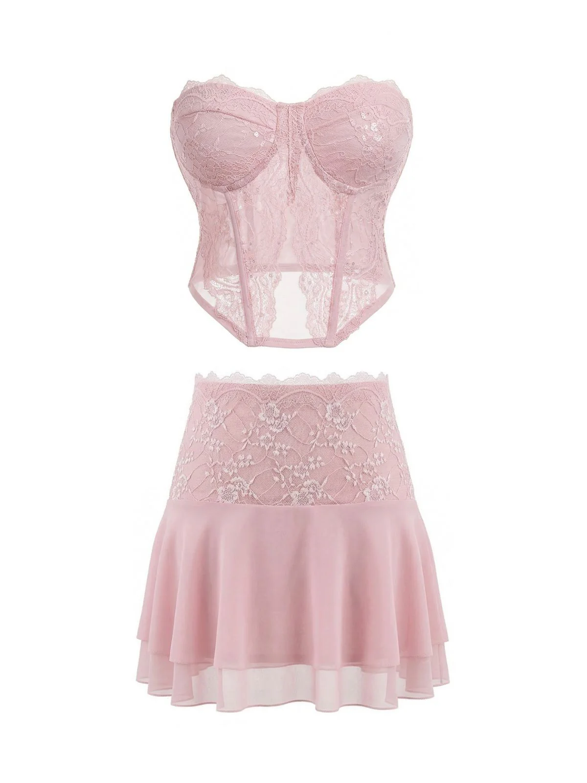 2PCS Dark Pink 1980s Lace Solid Bandeau Top & Embroidered Skirt - Image 3