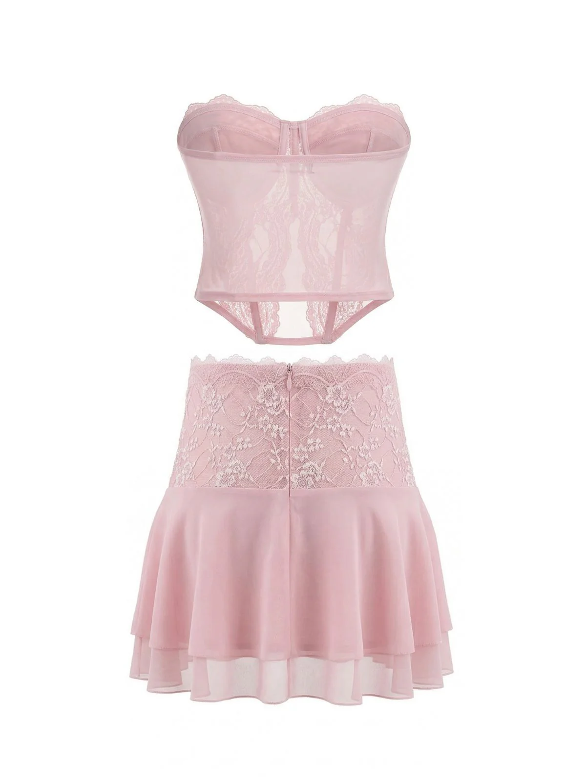 2PCS Dark Pink 1980s Lace Solid Bandeau Top & Embroidered Skirt - Image 4