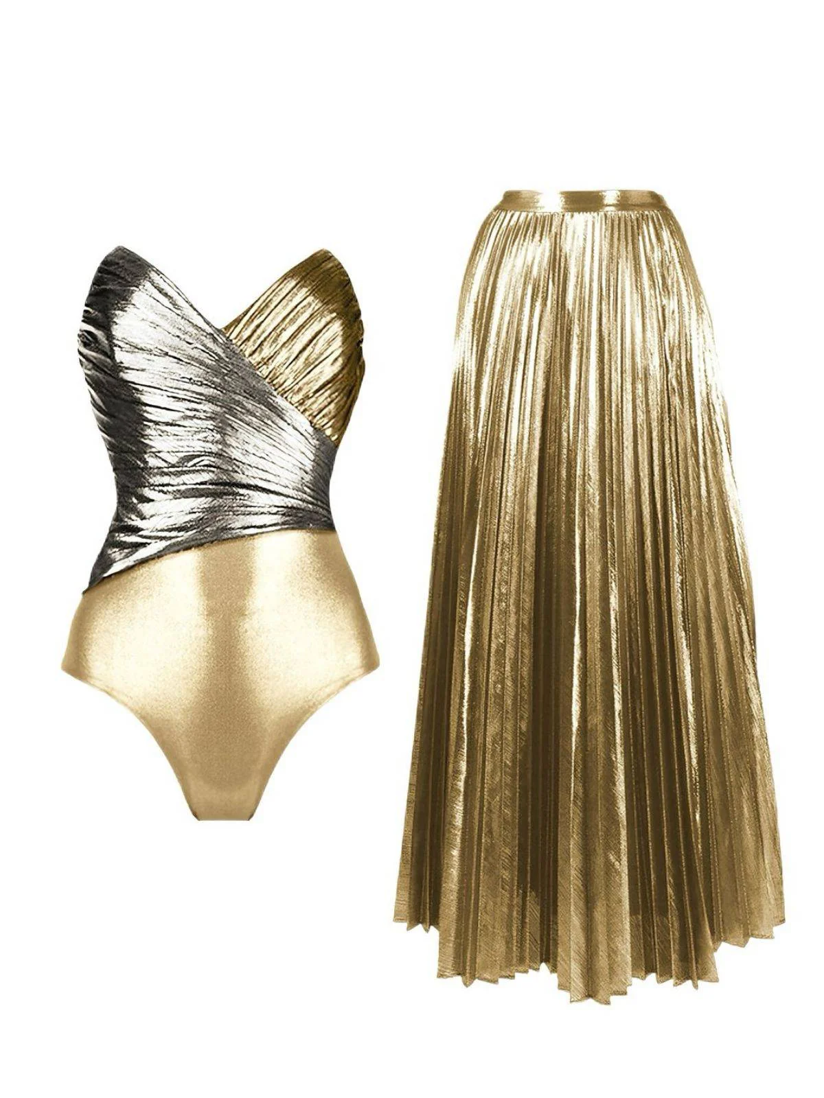 2PCS Gold 1950s Metallic One-Piece Swimsuit & Pleated Cover-Up - Image 2