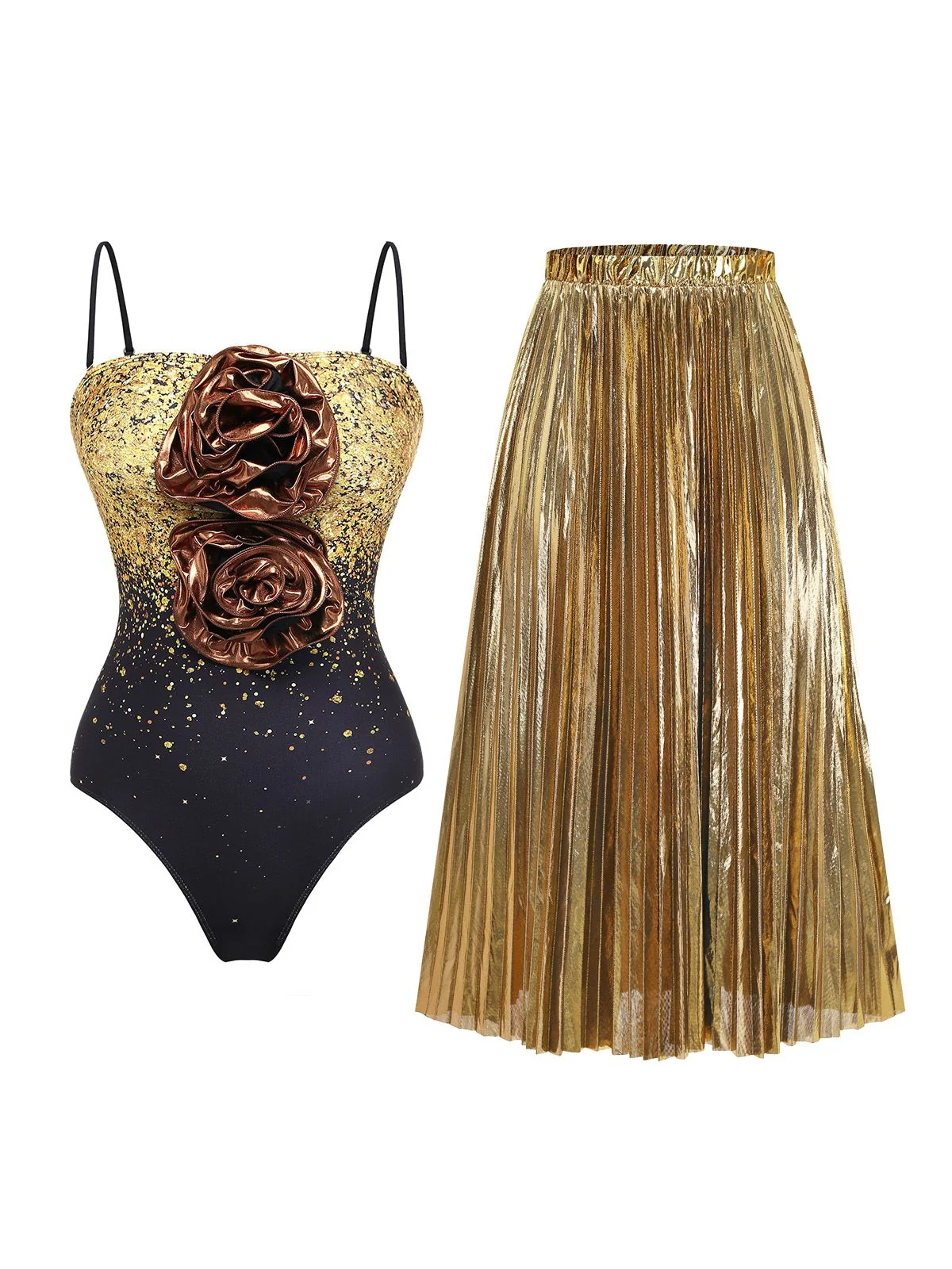 2PCS Gold 1980s Sequined 3D Floral Swimsuit & Cover-Up - Image 2