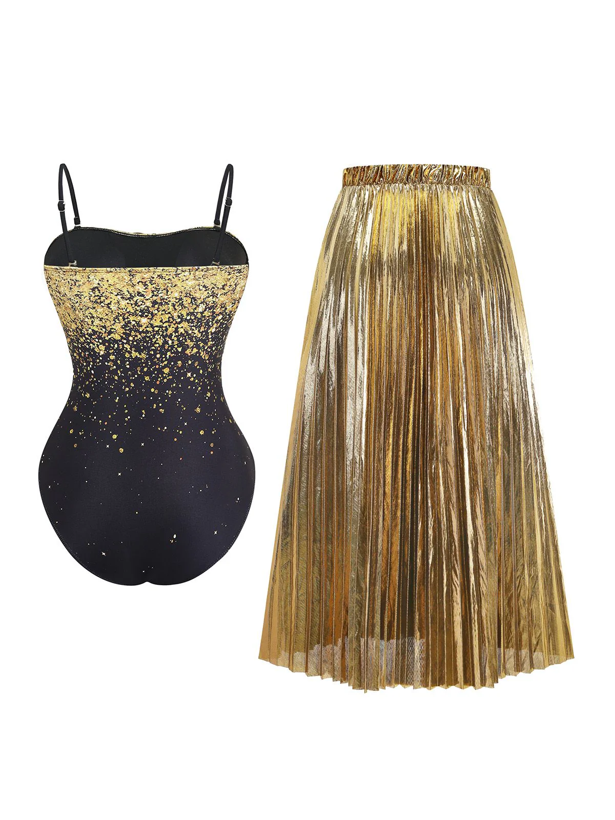 2PCS Gold 1980s Sequined 3D Floral Swimsuit & Cover-Up - Image 3