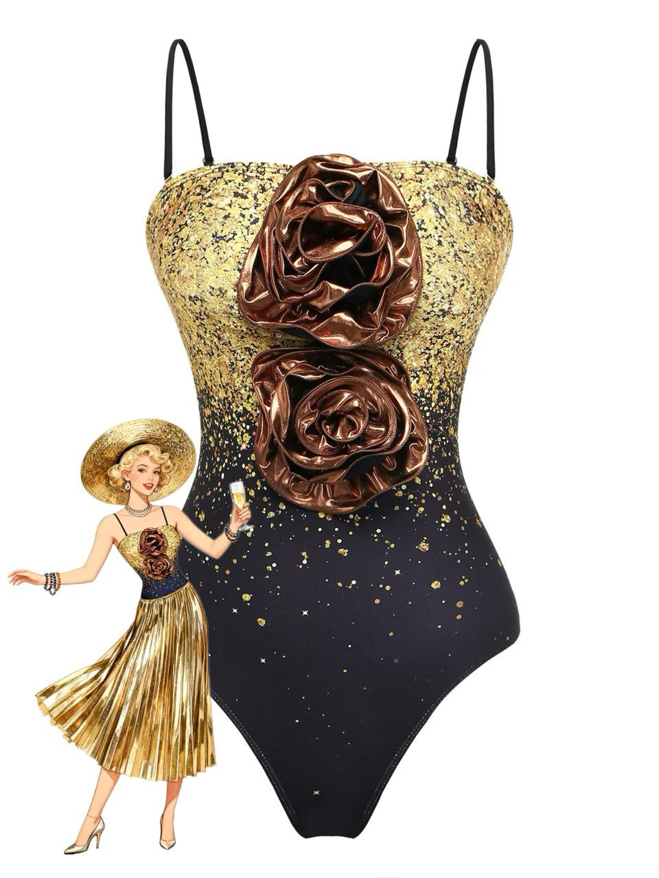 2PCS Gold 1980s Sequined 3D Floral Swimsuit & Cover-Up - Image 4
