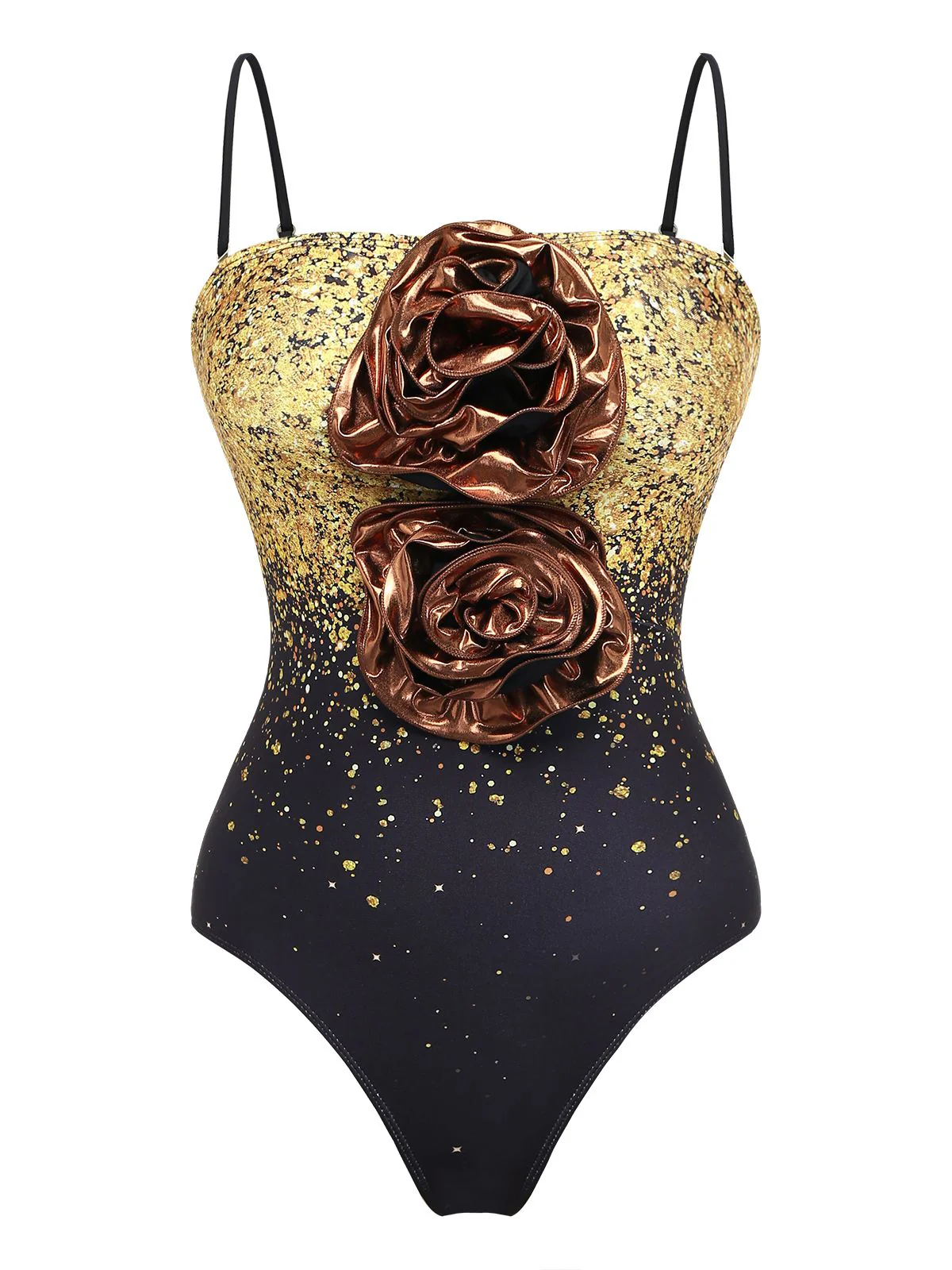 2PCS Gold 1980s Sequined 3D Floral Swimsuit & Cover-Up - Image 5